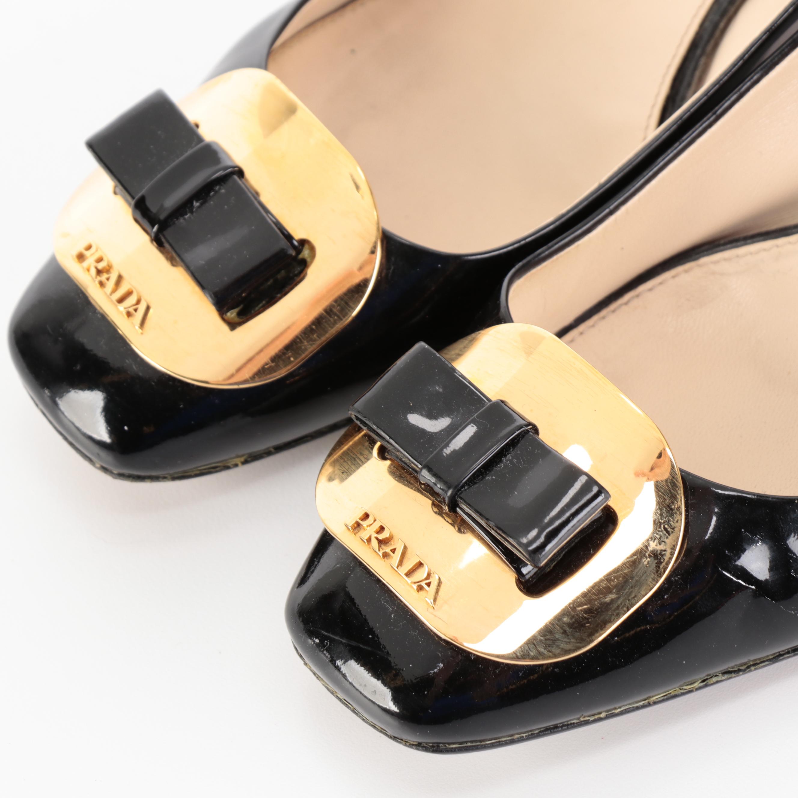 Prada Bow Buckle Black Patent Leather Heels