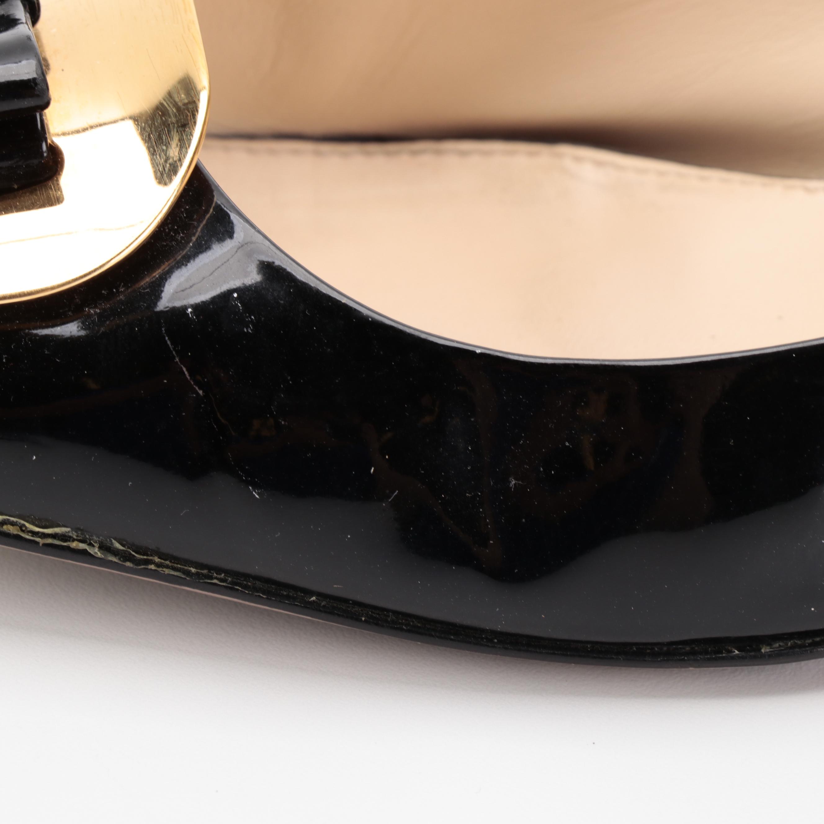 Prada Bow Buckle Black Patent Leather Heels