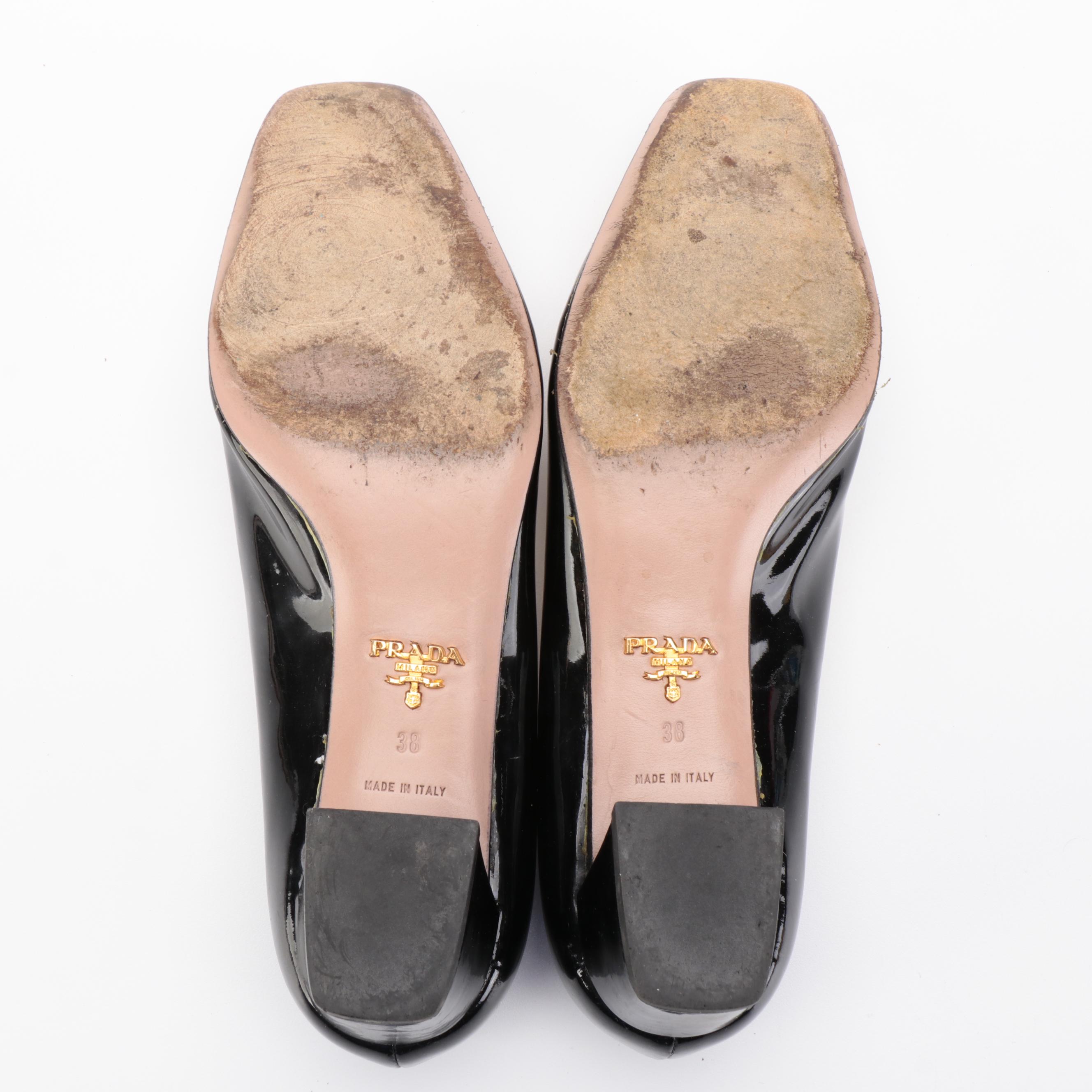 Prada Bow Buckle Black Patent Leather Heels