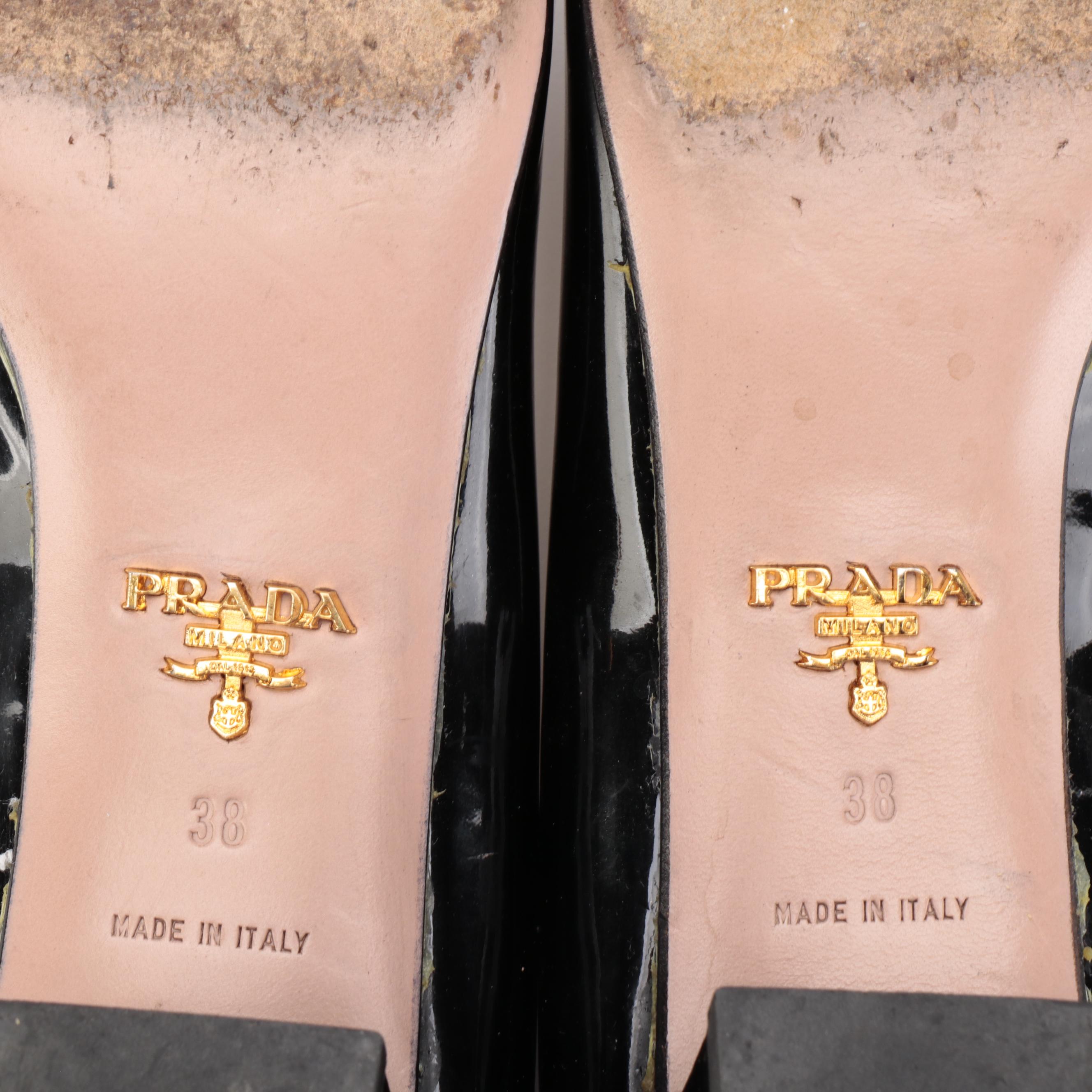 Prada Bow Buckle Black Patent Leather Heels