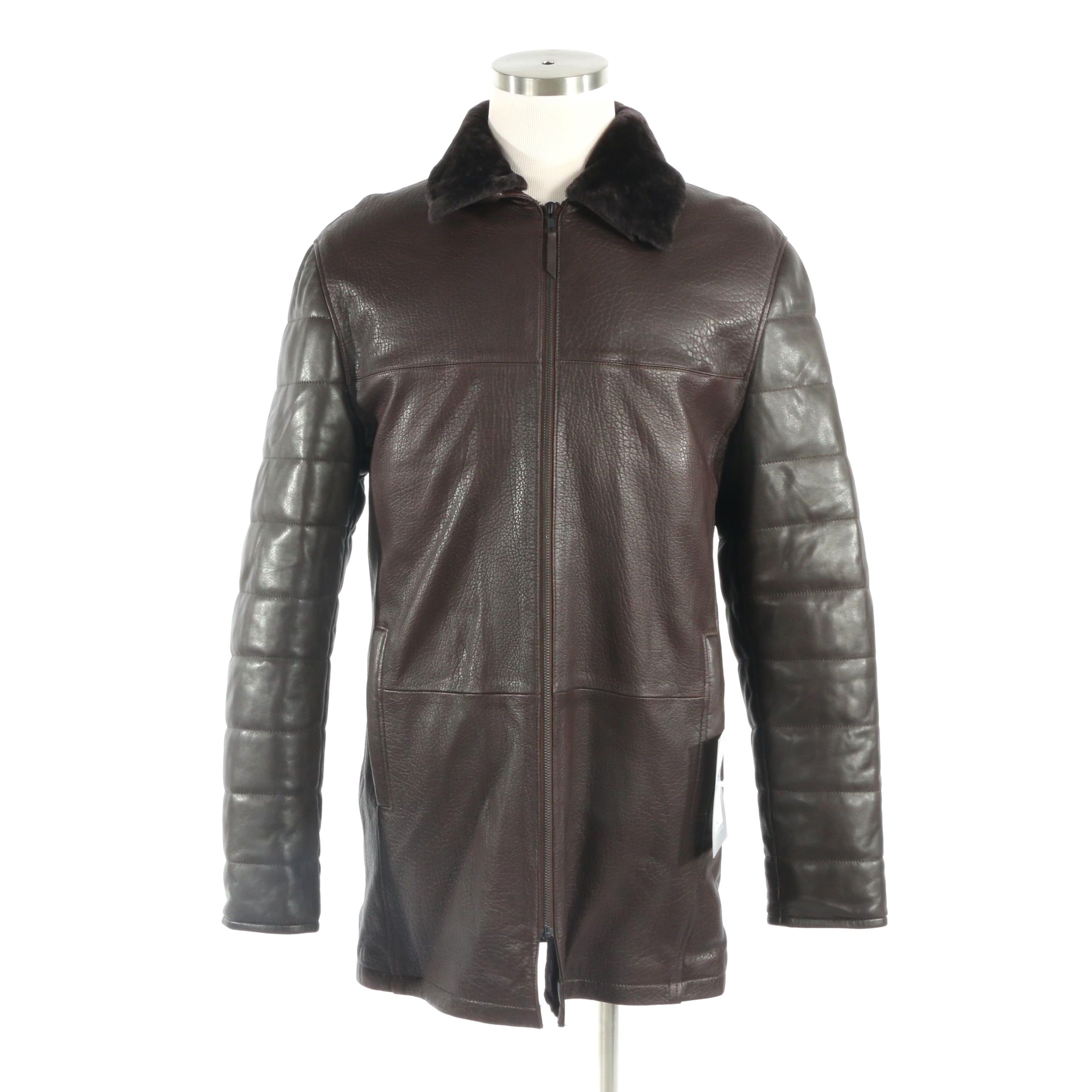 Men's Zip-Up Shearling Jacket with Removable Collar, New with Merchant Tag
