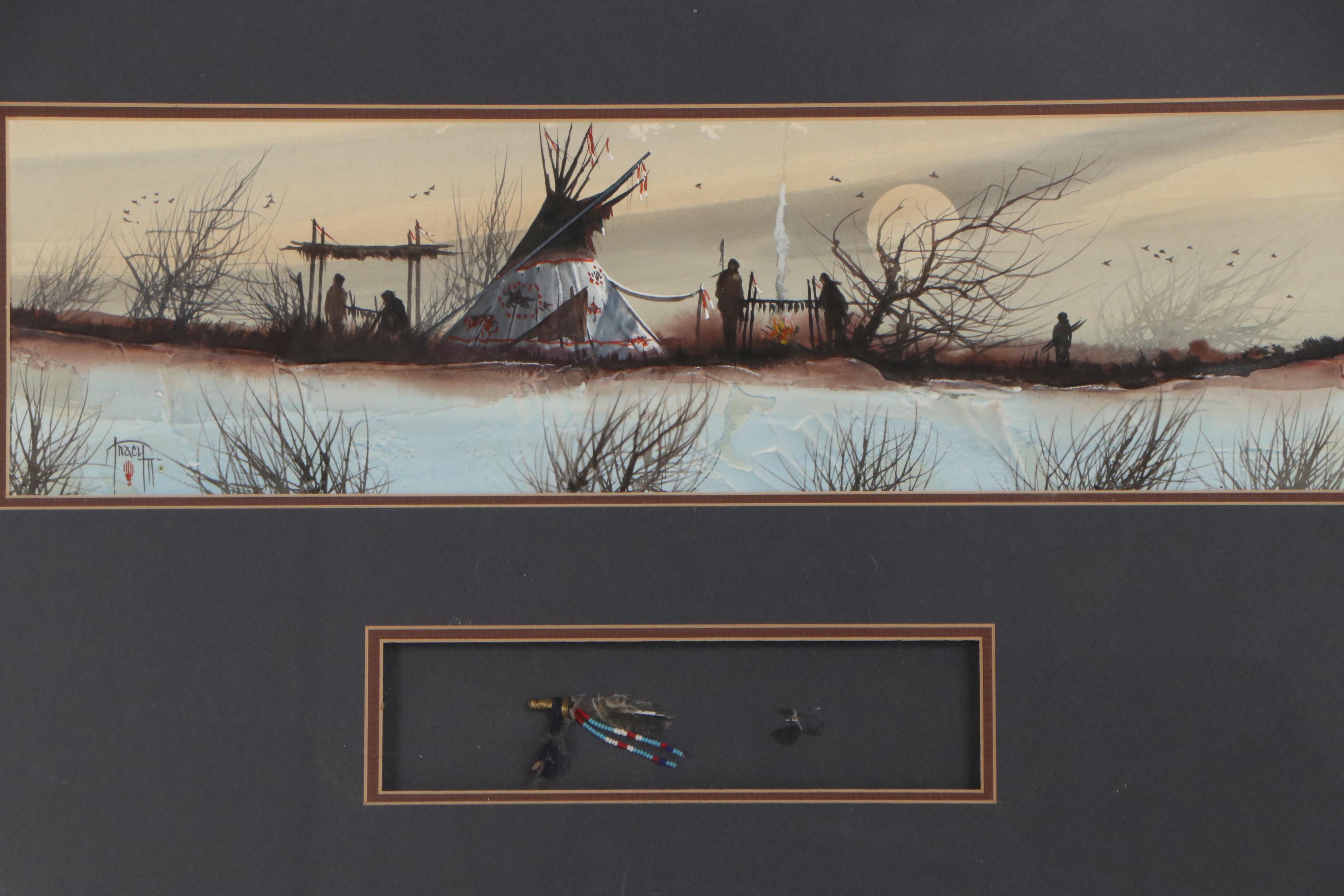 John Tracy II Landscape Watercolor Painting With Native American Figures