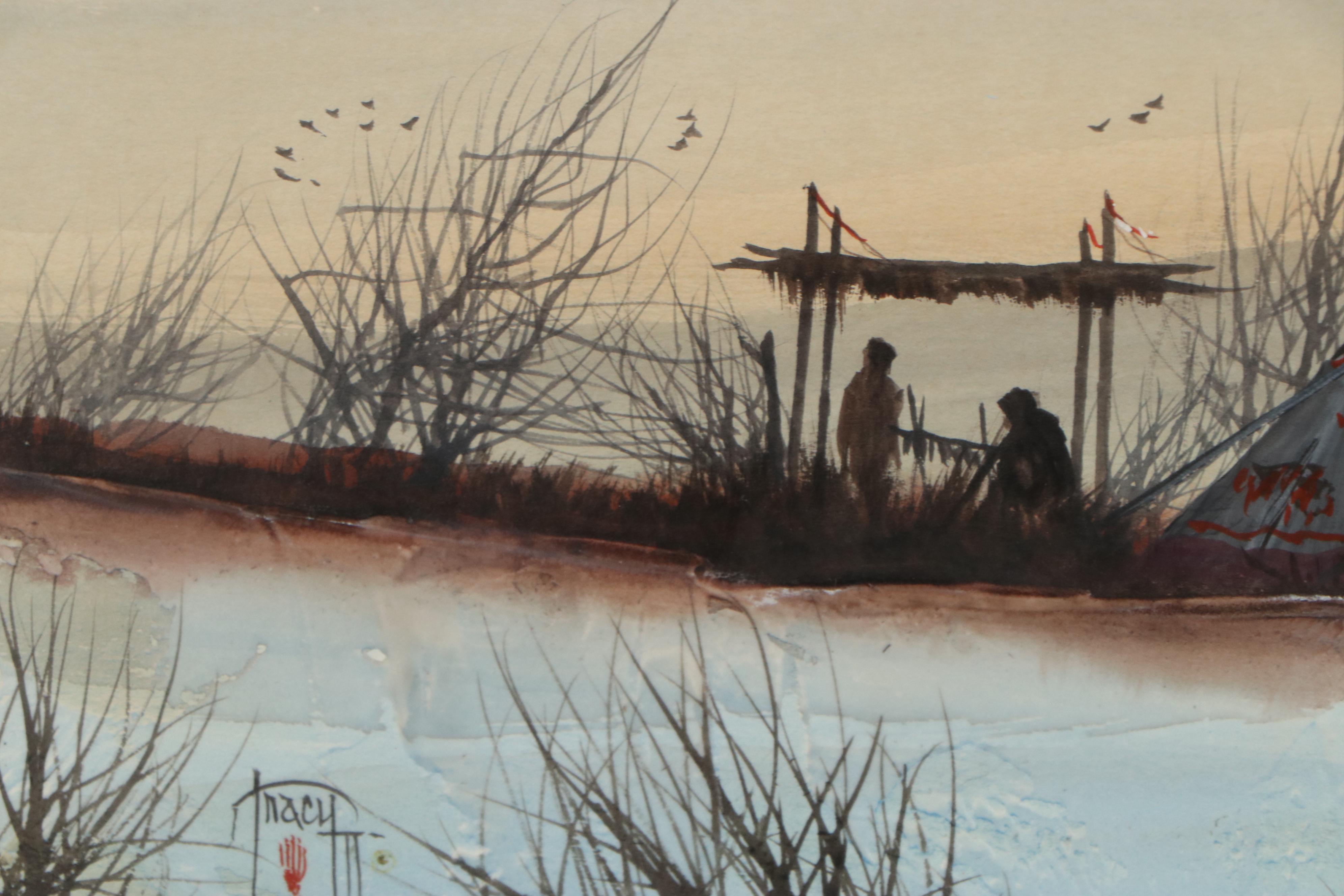 John Tracy II Landscape Watercolor Painting With Native American Figures