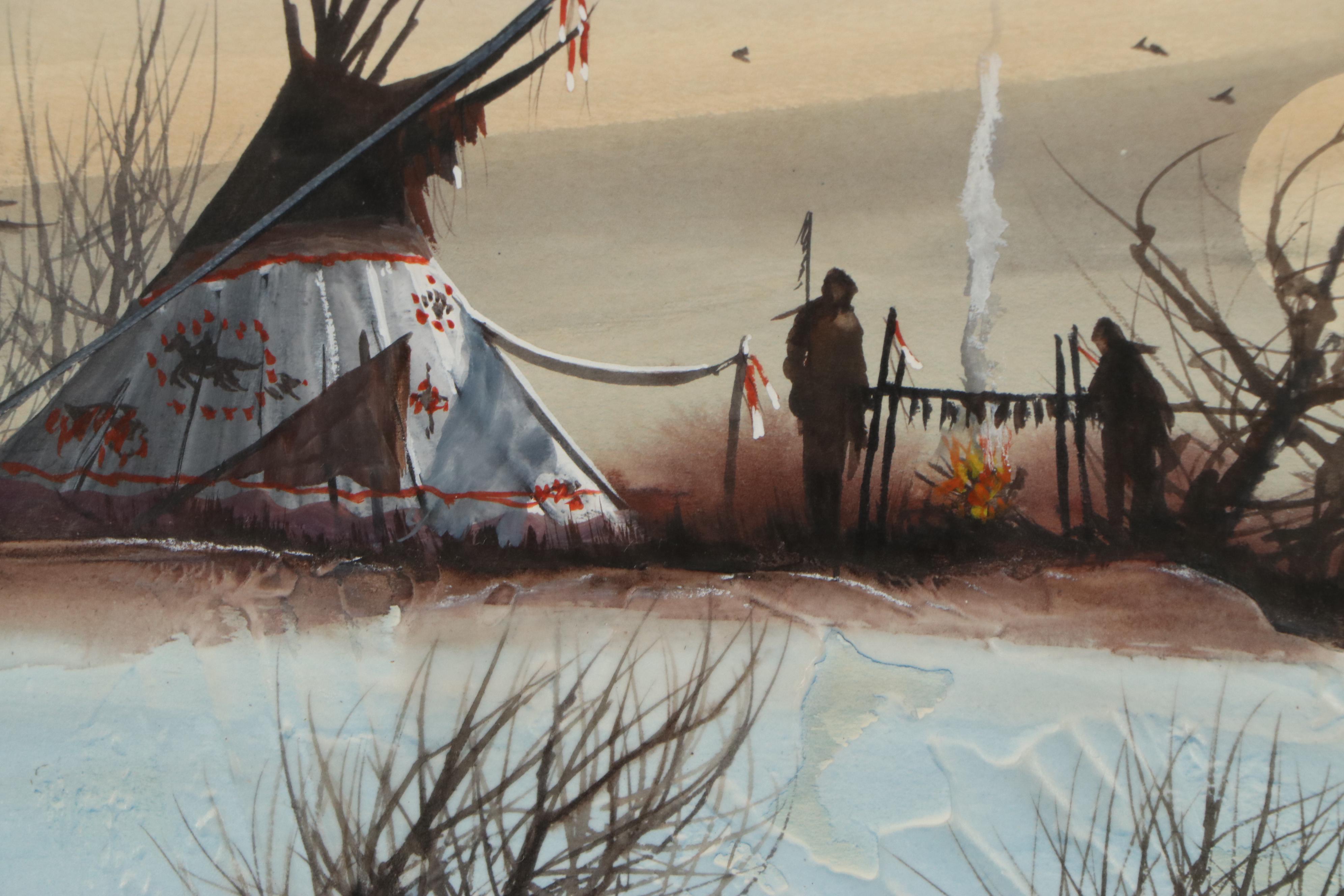 John Tracy II Landscape Watercolor Painting With Native American Figures