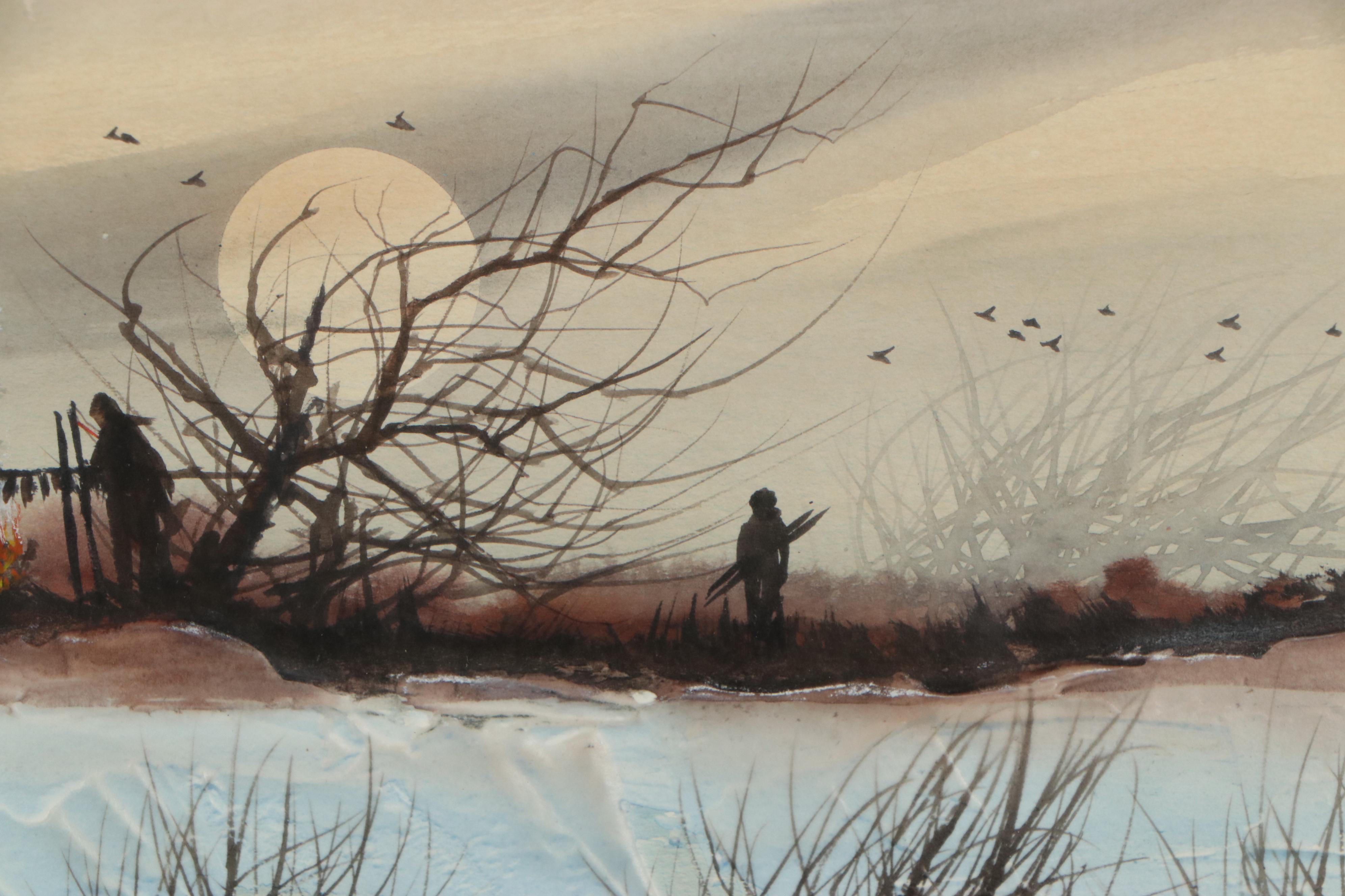 John Tracy II Landscape Watercolor Painting With Native American Figures