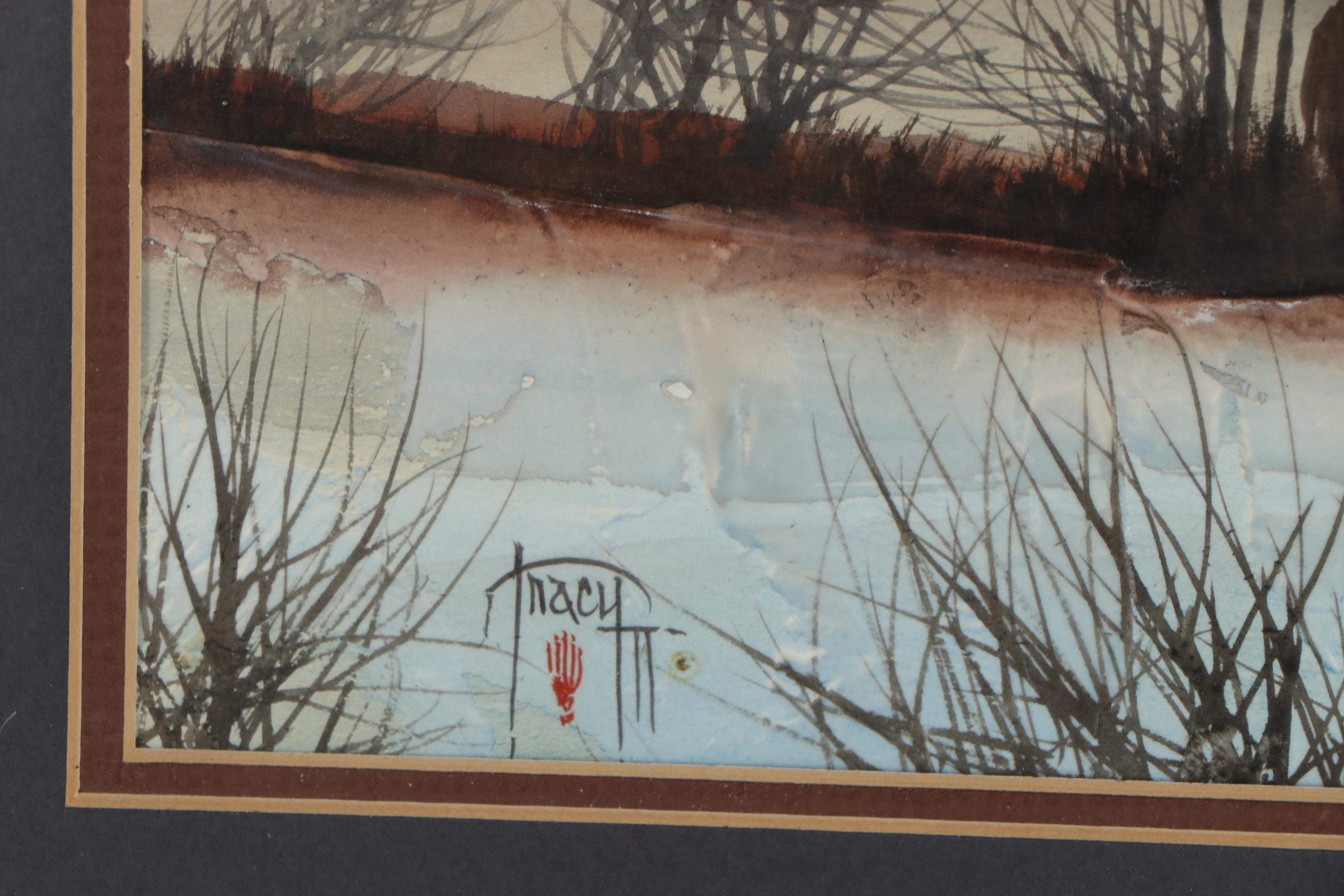 John Tracy II Landscape Watercolor Painting With Native American Figures