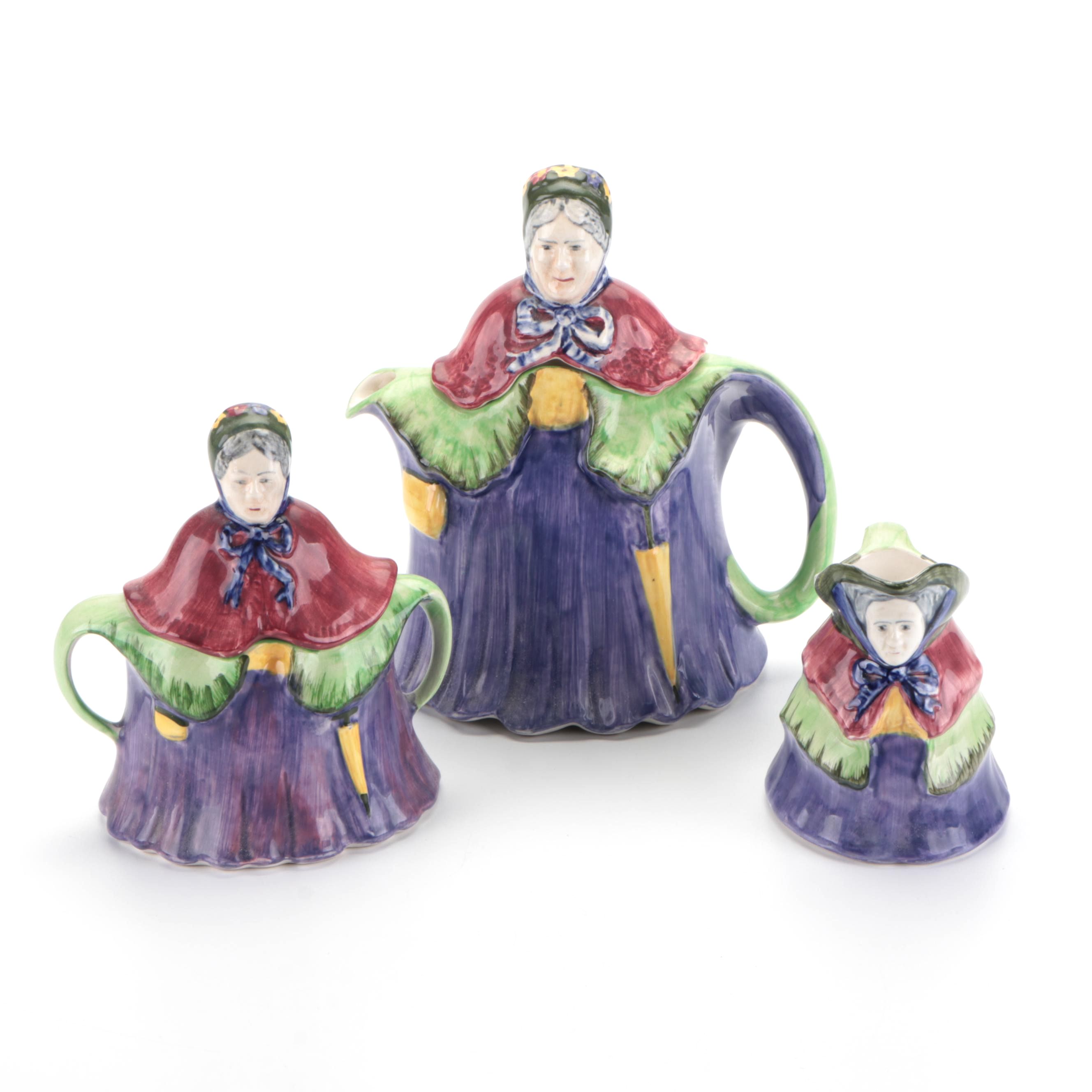 English Little Old Lady Figural Ceramic Tea Set, Mid-20th Century
