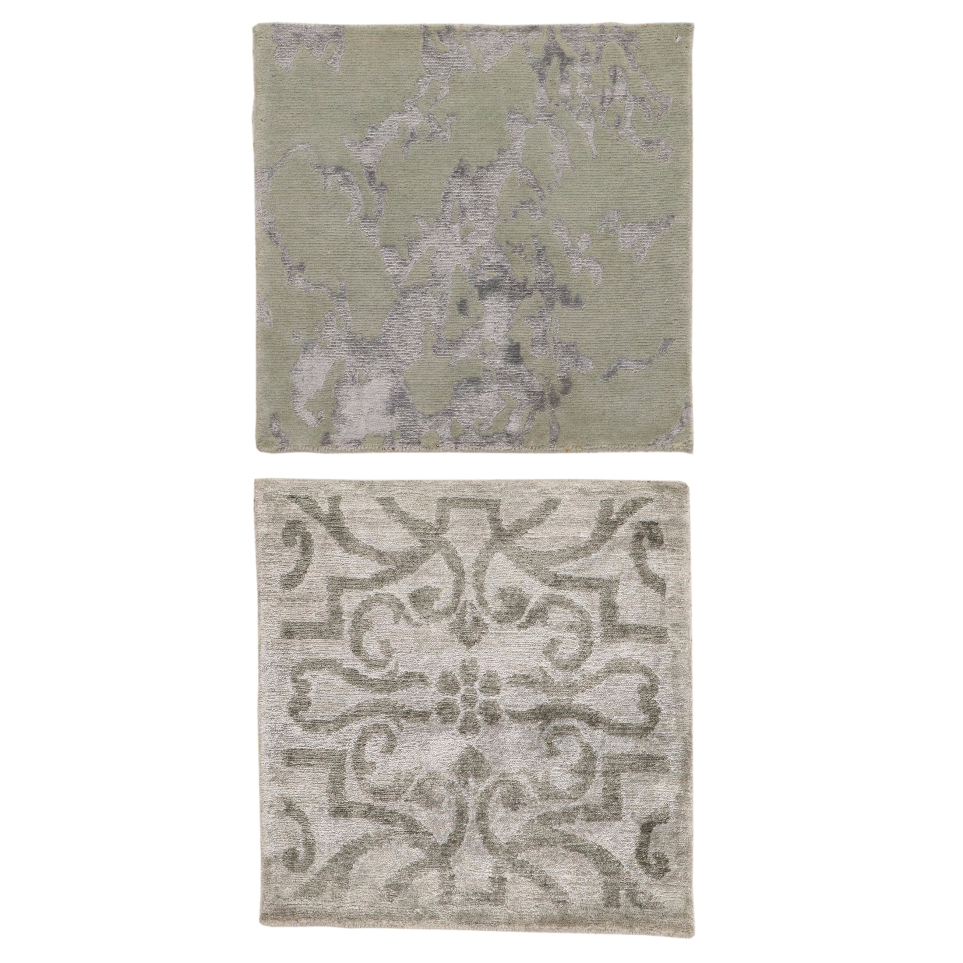 2' x 2' Hand-Knotted Indian Modern Style Art Silk Rugs, 2010s