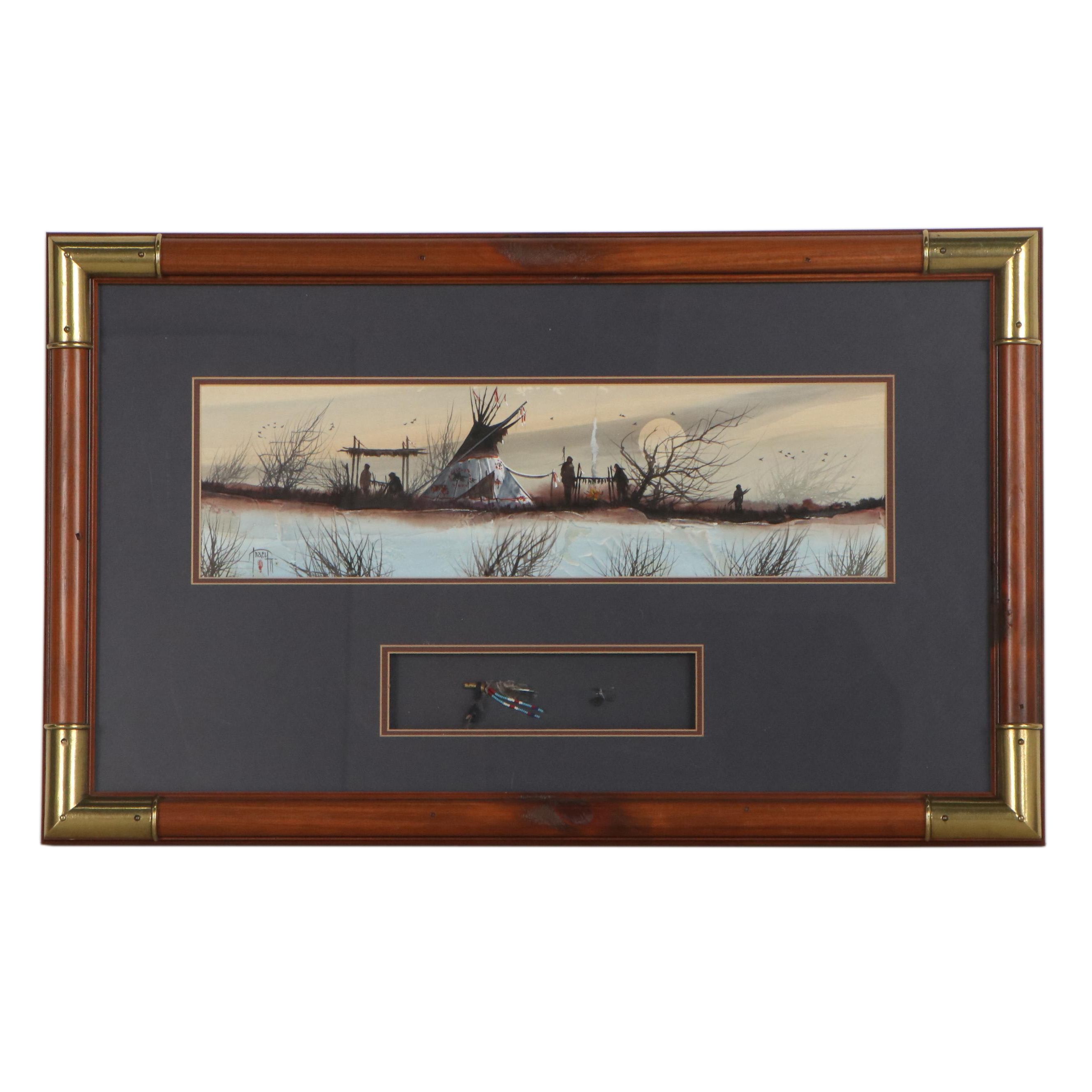 John Tracy II Landscape Watercolor Painting With Native American Figures