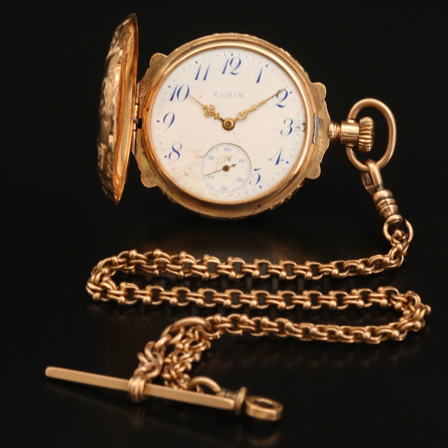 14K Multi-Colored Gold True Box Hinge Hunting Case Elgin Pocket Watch