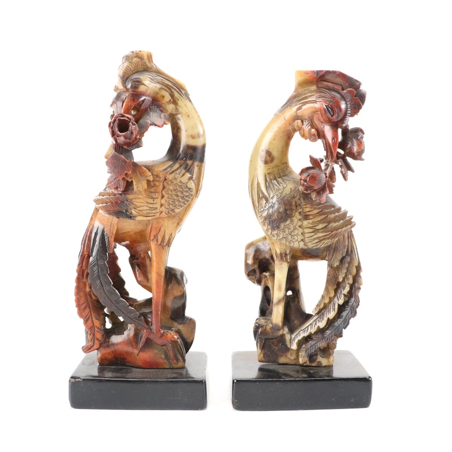 Chinese Hand-Carved Dyed Soapstone Phoenix Figures