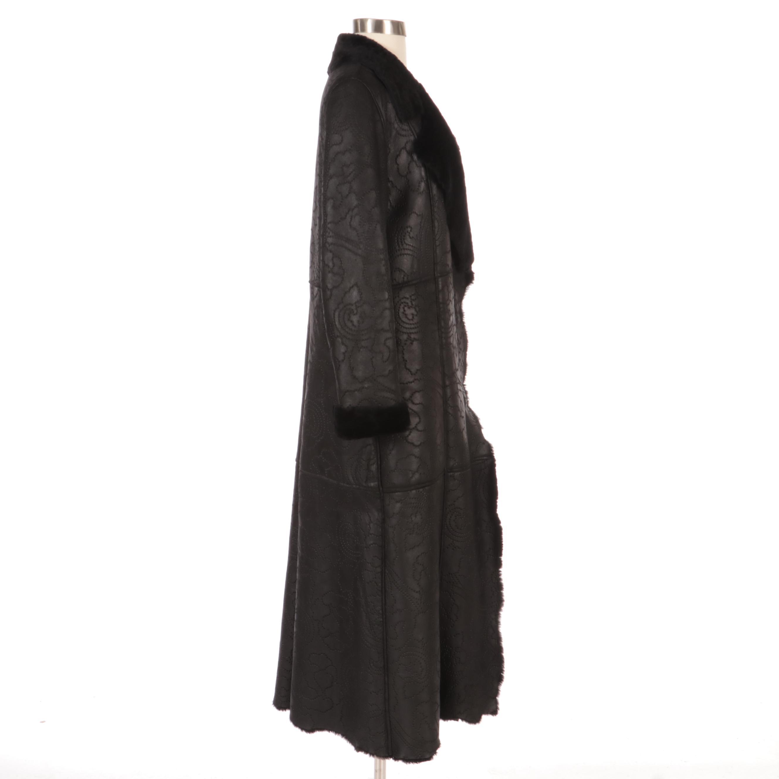 Betty Jackson of London Black Perforated Leather and Shearling Full-Length Coat