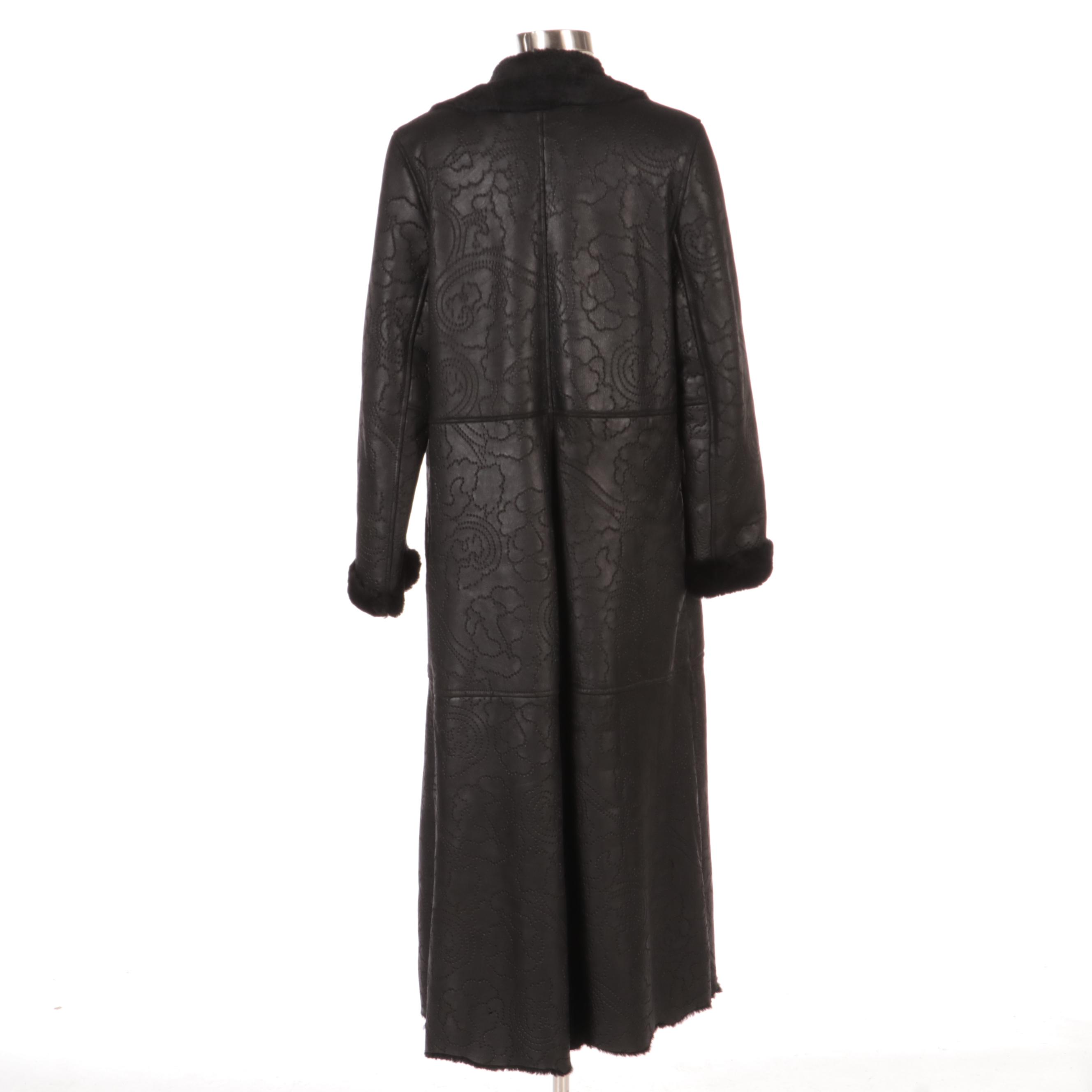 Betty Jackson of London Black Perforated Leather and Shearling Full-Length Coat