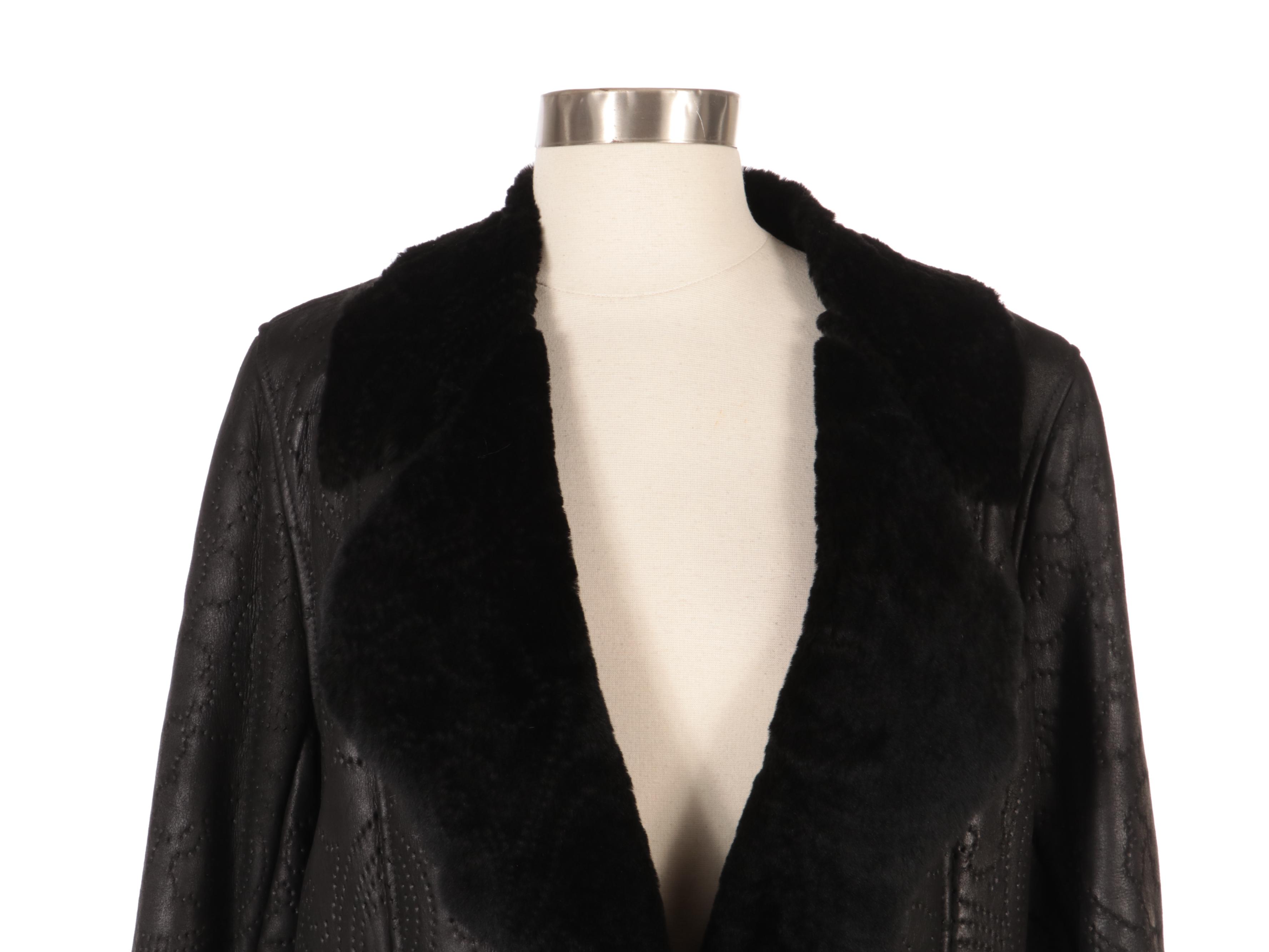 Betty Jackson of London Black Perforated Leather and Shearling Full-Length Coat