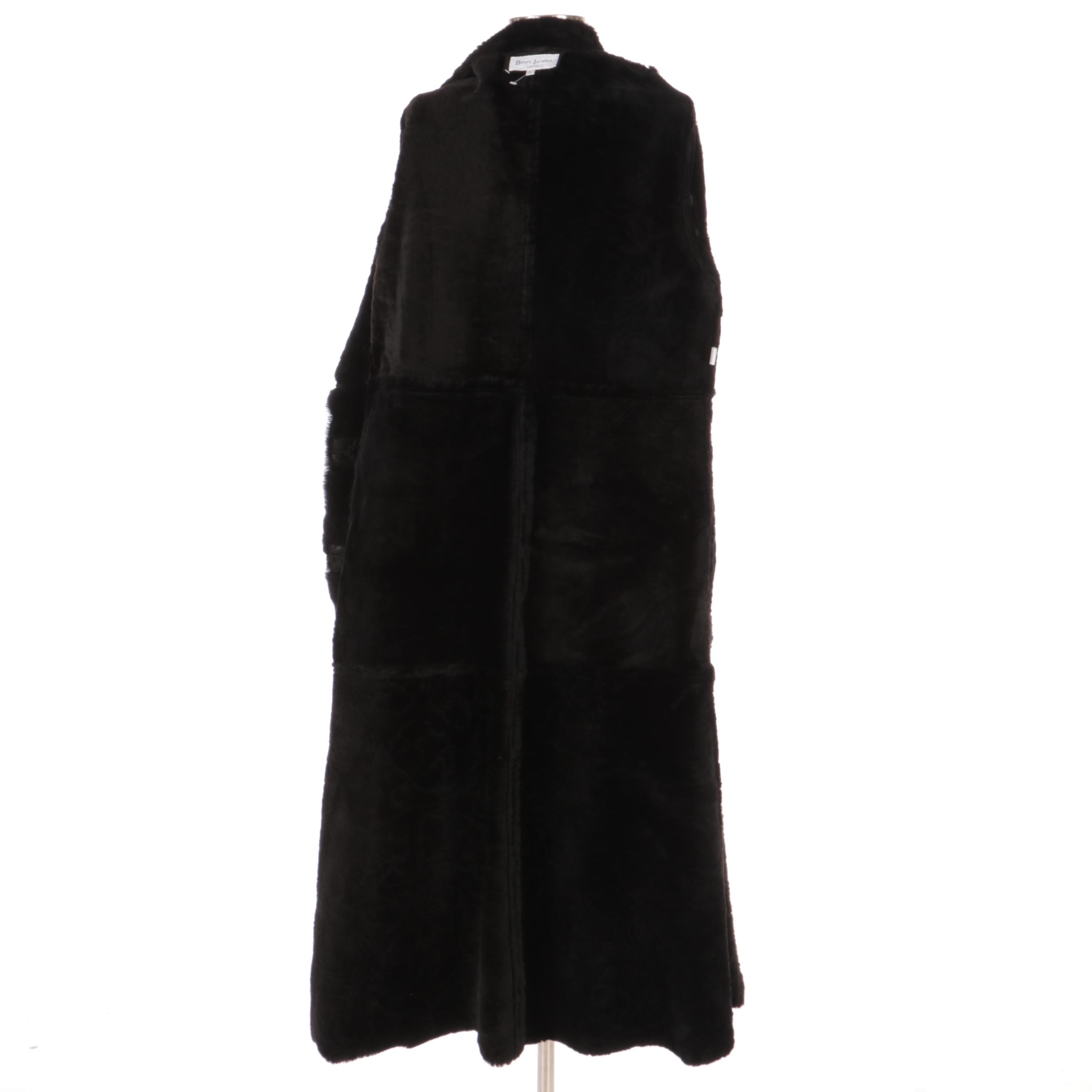 Betty Jackson of London Black Perforated Leather and Shearling Full-Length Coat