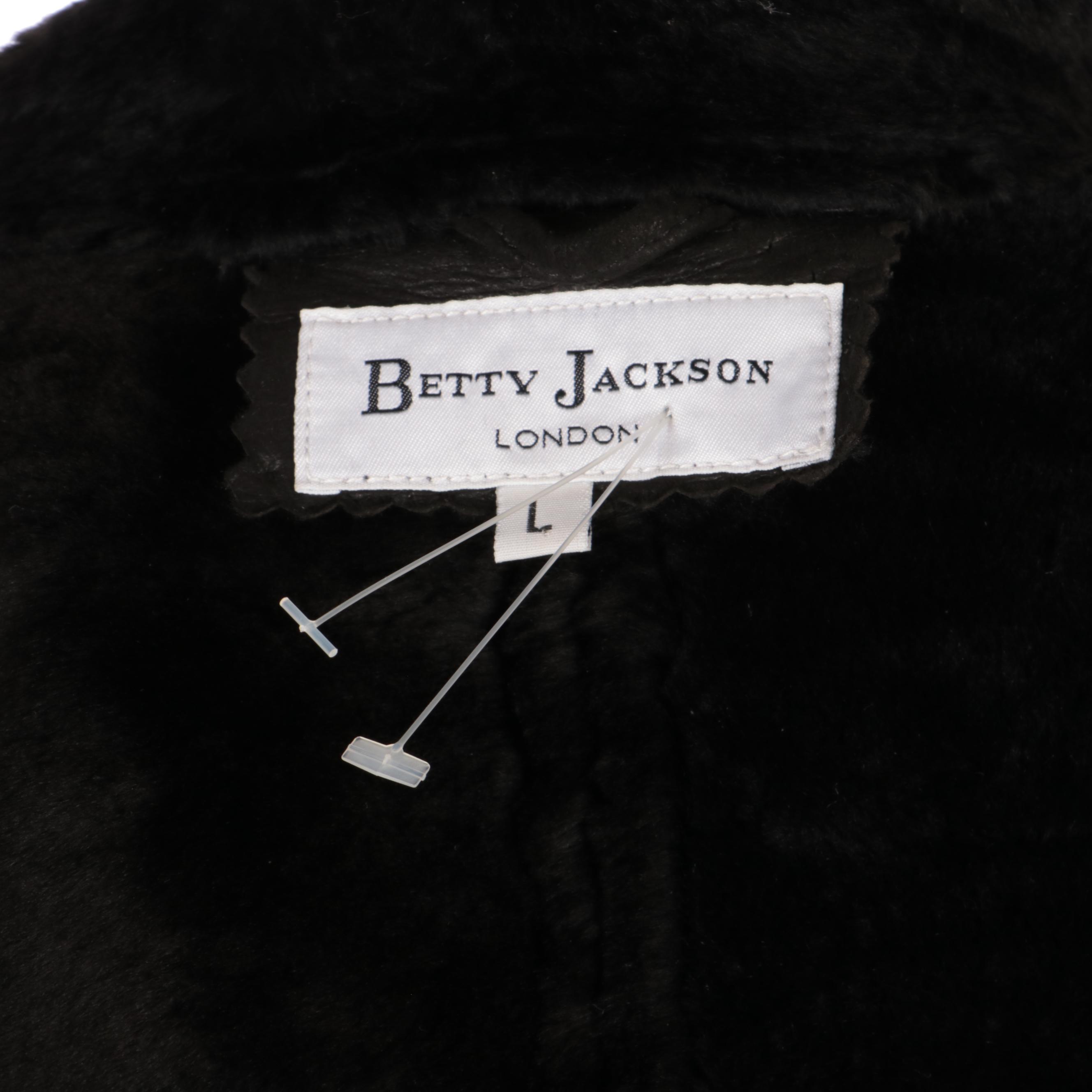 Betty Jackson of London Black Perforated Leather and Shearling Full-Length Coat