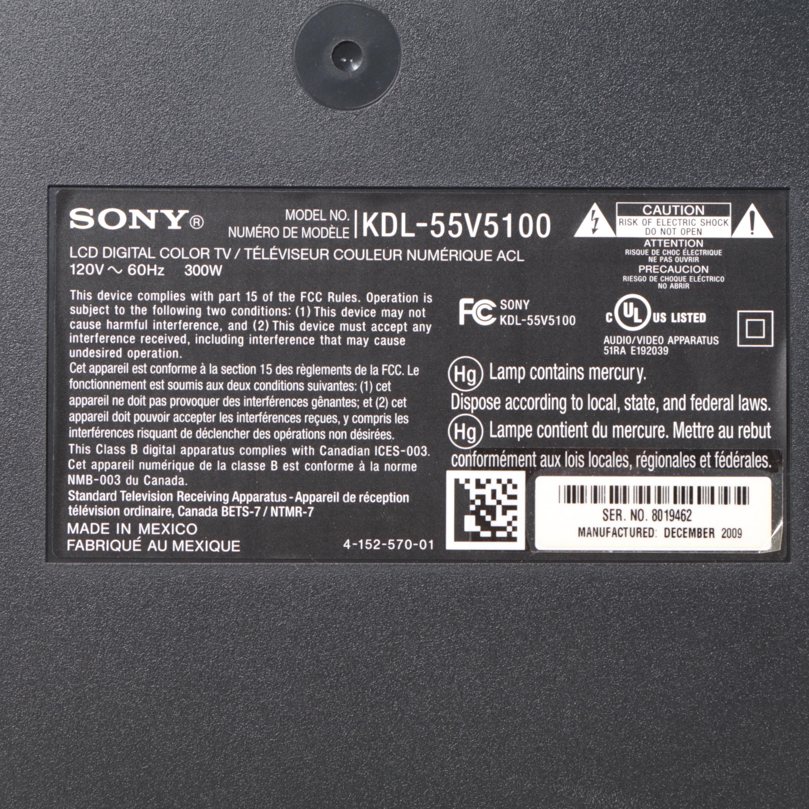 Sony Bravia 55" KDL-55V5100 1080p LCD Television, 2009