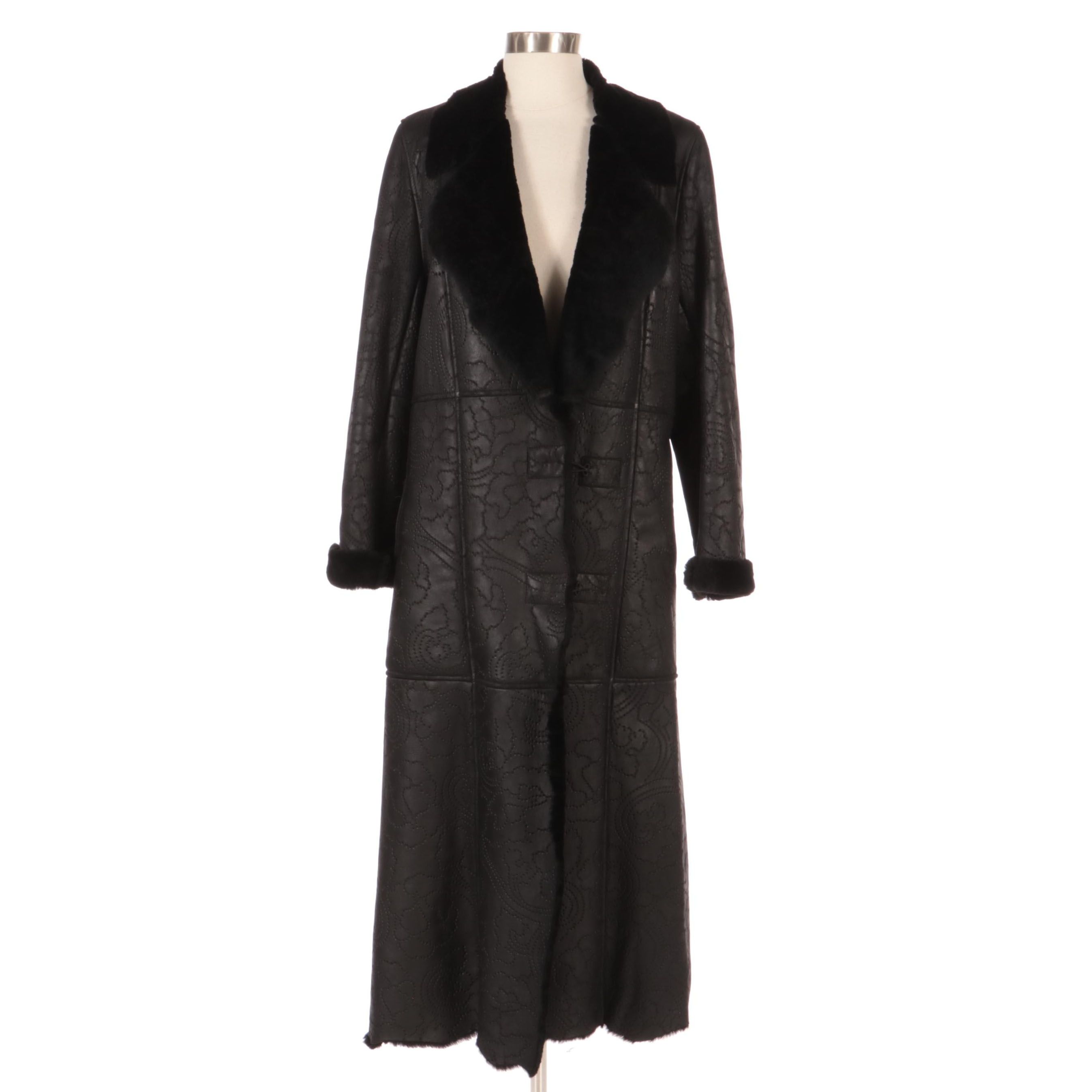 Betty Jackson of London Black Perforated Leather and Shearling Full-Length Coat