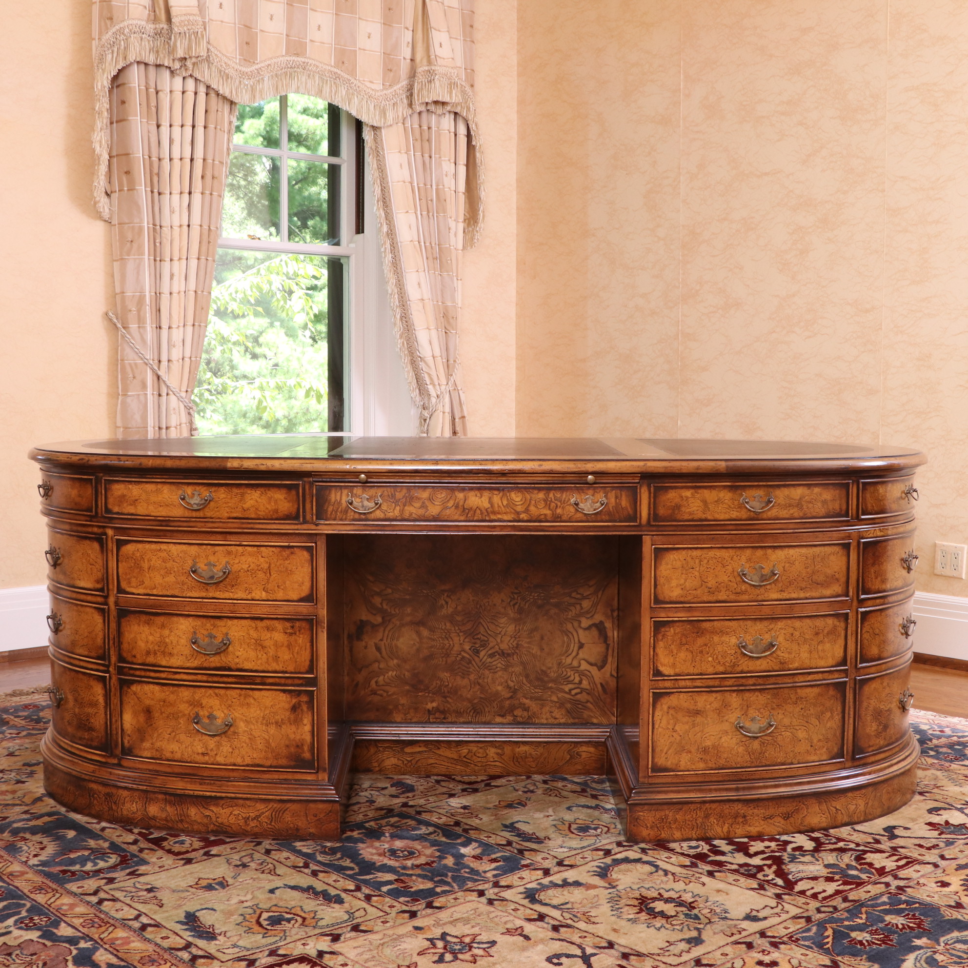 Francesco Molon Walnut and Burl Oval Partners Desk with Embossed Leather Top