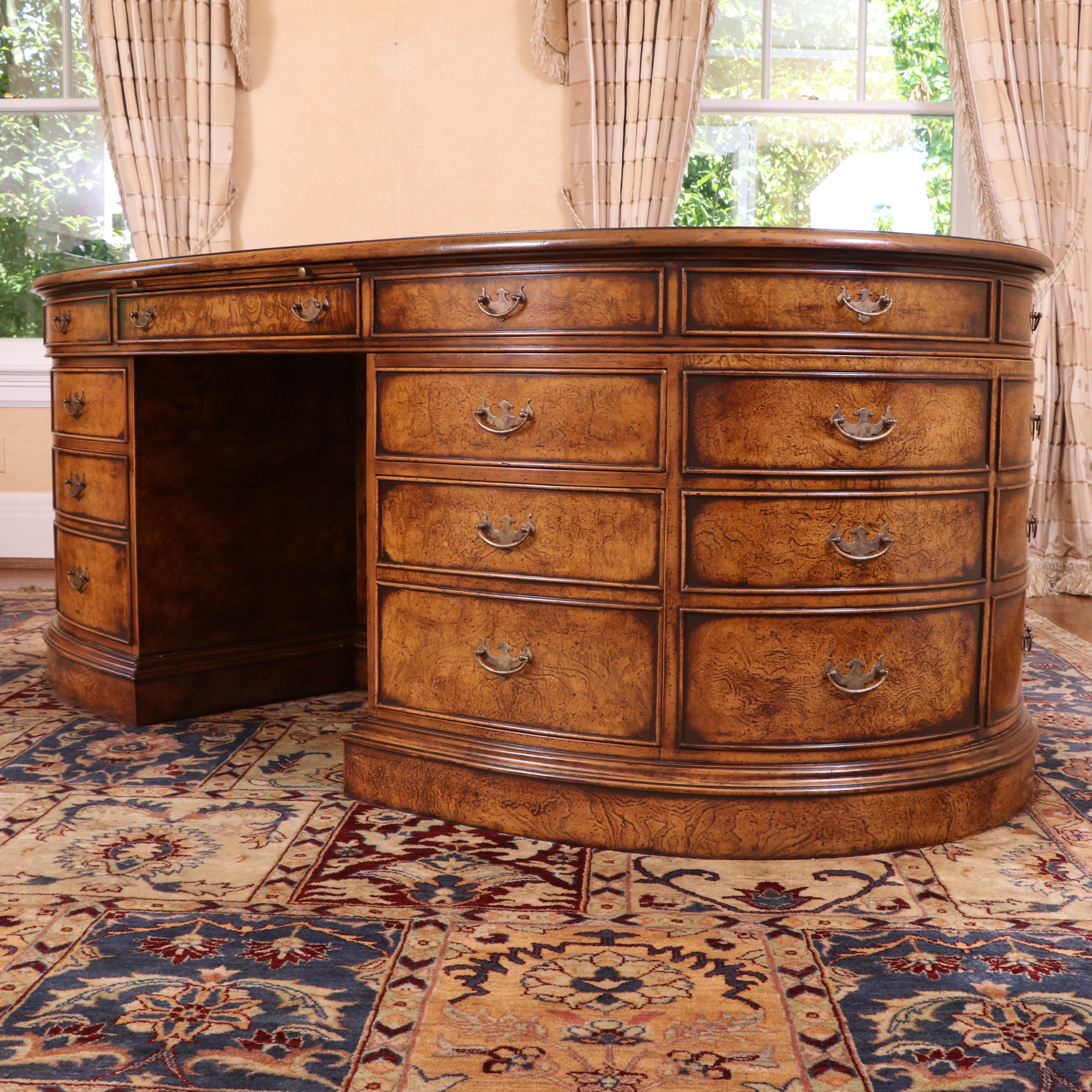 Francesco Molon Walnut and Burl Oval Partners Desk with Embossed Leather Top