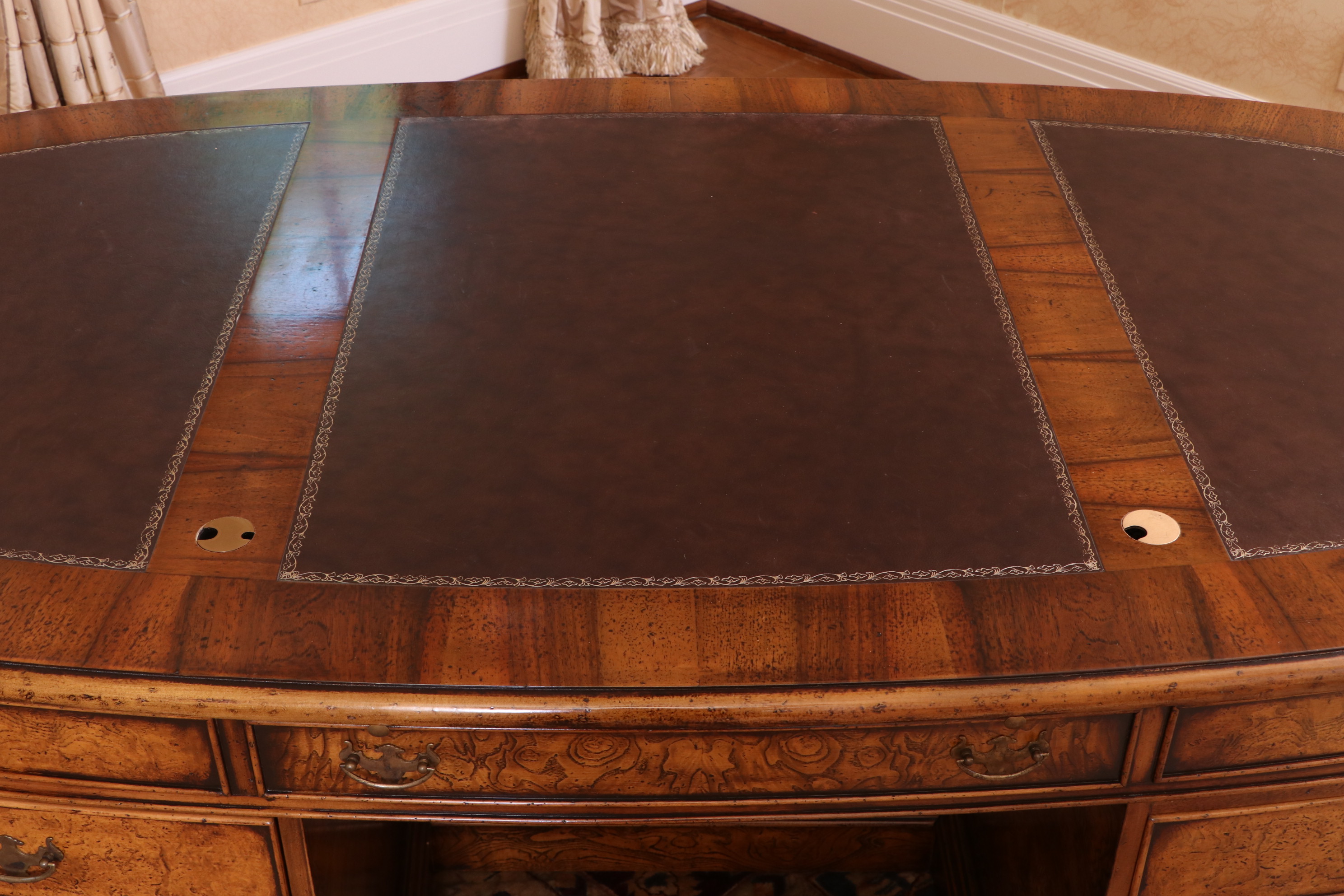 Francesco Molon Walnut and Burl Oval Partners Desk with Embossed Leather Top