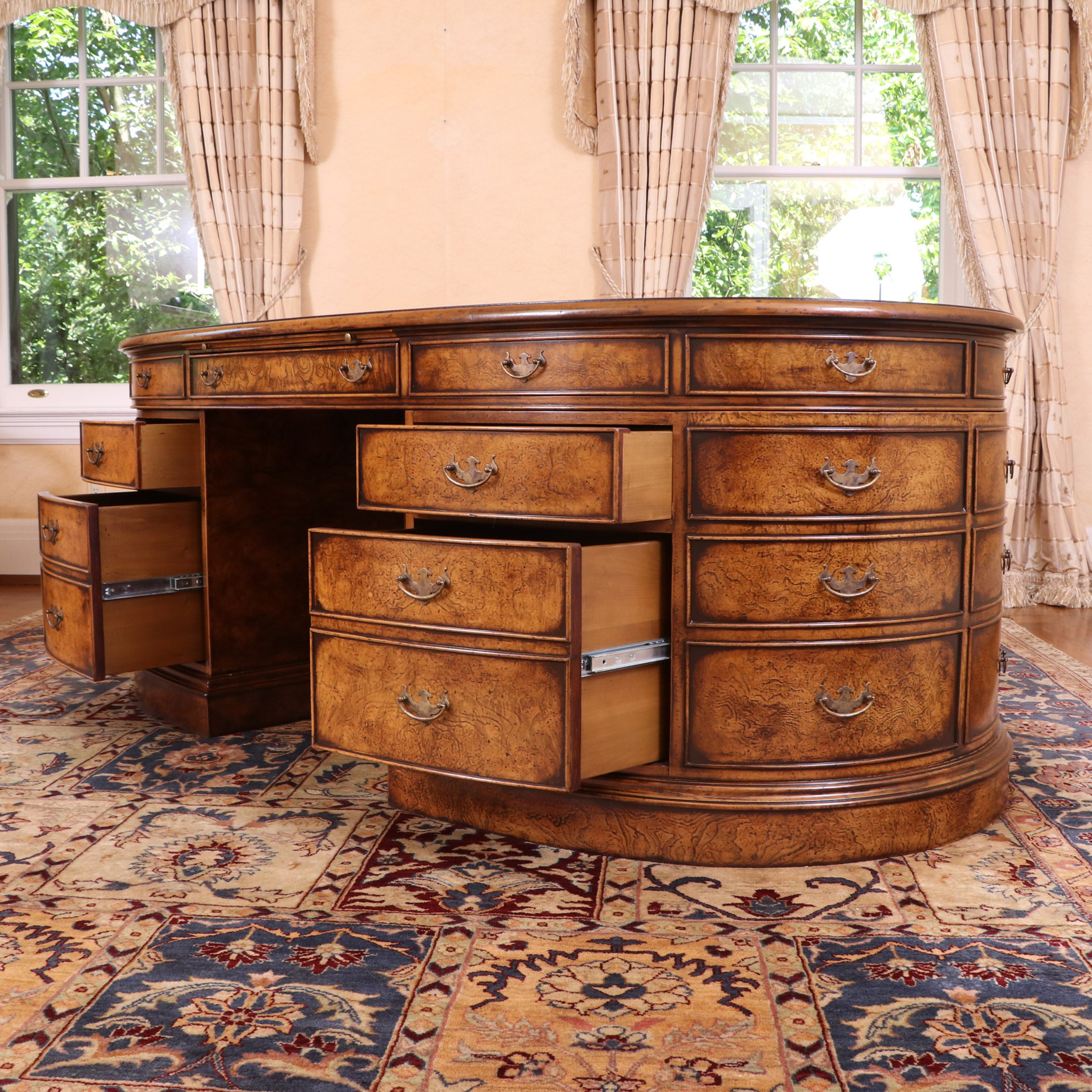 Francesco Molon Walnut and Burl Oval Partners Desk with Embossed Leather Top