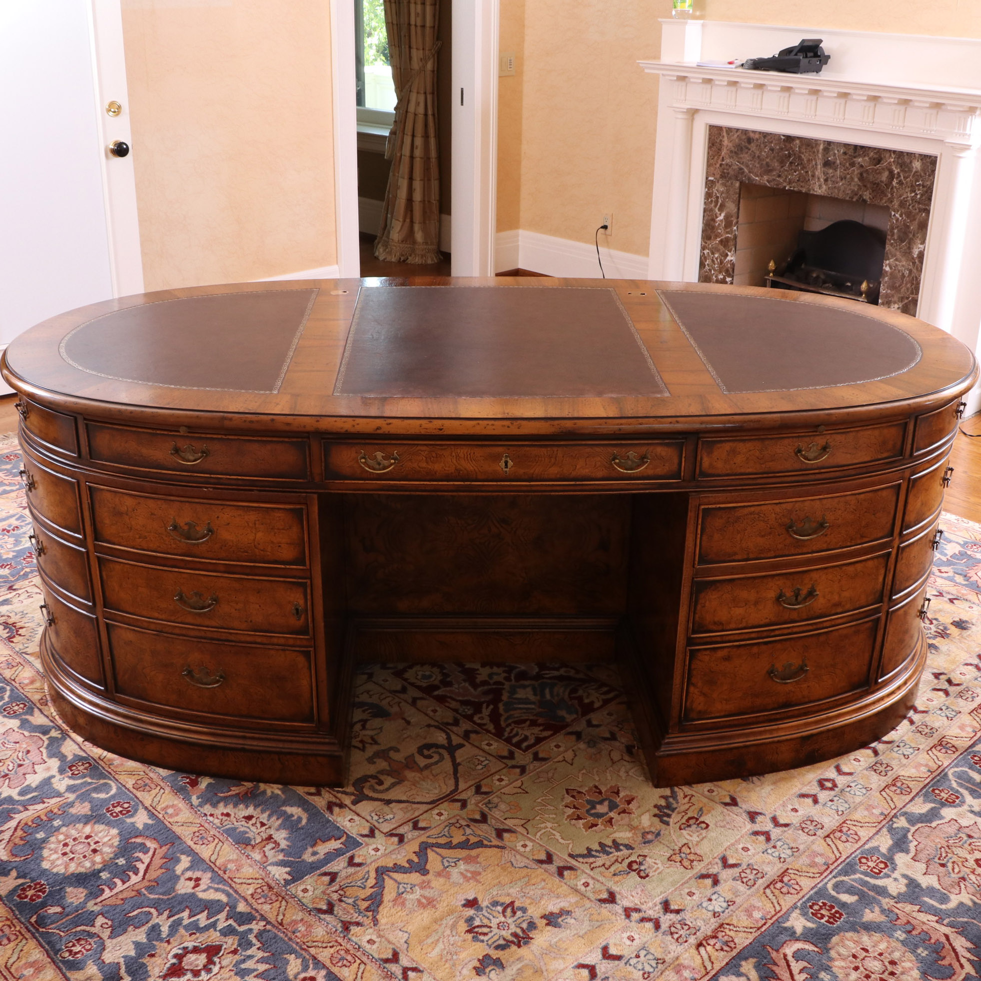 Francesco Molon Walnut and Burl Oval Partners Desk with Embossed Leather Top
