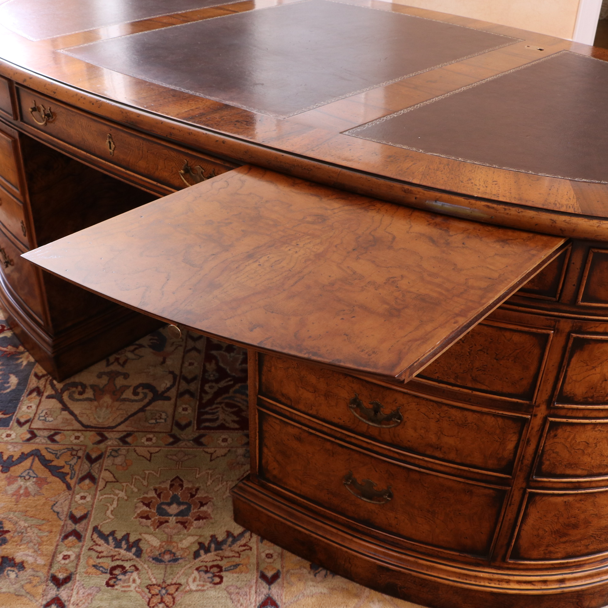 Francesco Molon Walnut and Burl Oval Partners Desk with Embossed Leather Top