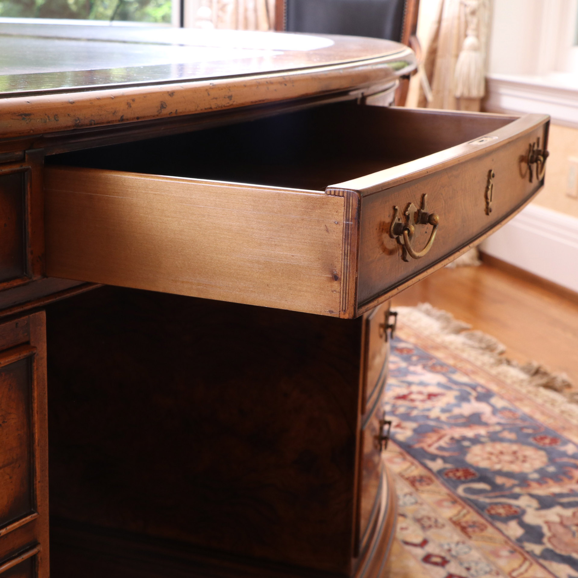 Francesco Molon Walnut and Burl Oval Partners Desk with Embossed Leather Top