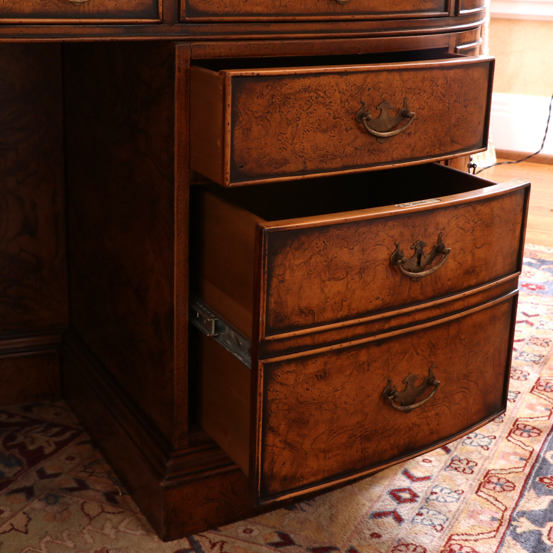 Francesco Molon Walnut and Burl Oval Partners Desk with Embossed Leather Top
