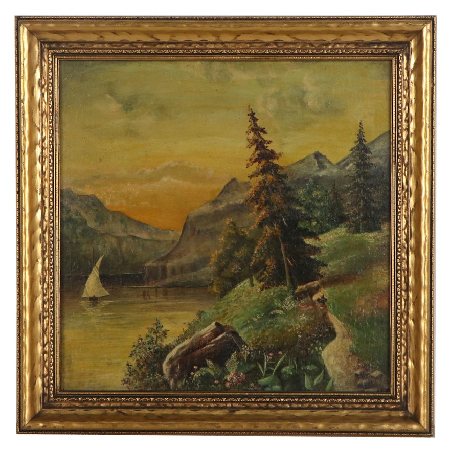 Alpine Landscape Oil Painting With Lake, Early-Mid-20th Century