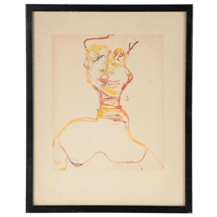 Martin Sumers Abstracted Watercolor Portrait, Mid-20th Century