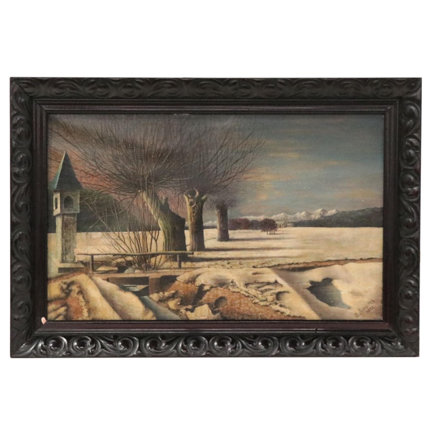 F. Navarra Landscape Oil Painting of Winter Scene, 1922