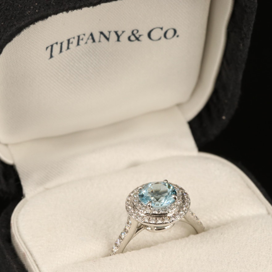 Tiffany & Co. Platinum Aquamarine and Diamond Ring with Box