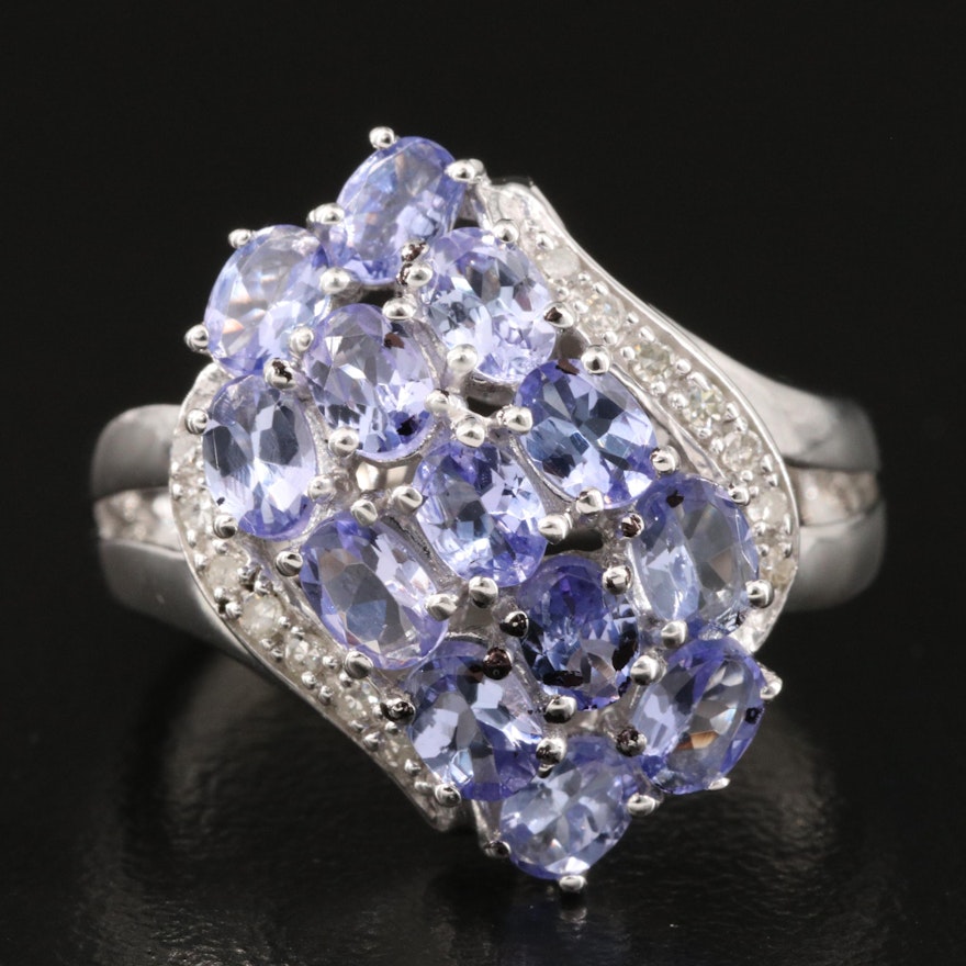 Sterling Tanzanite and Diamond Cluster Ring