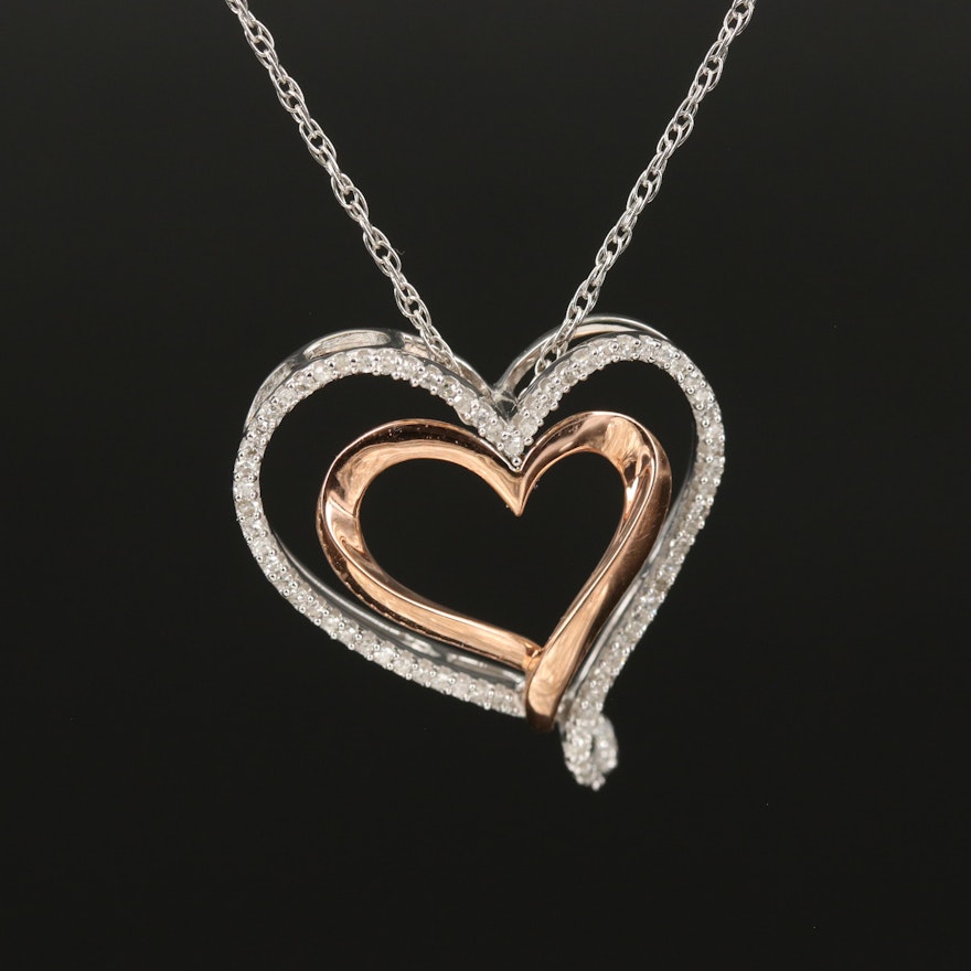 Sterling Diamond Double Heart Necklace with 10K Accent