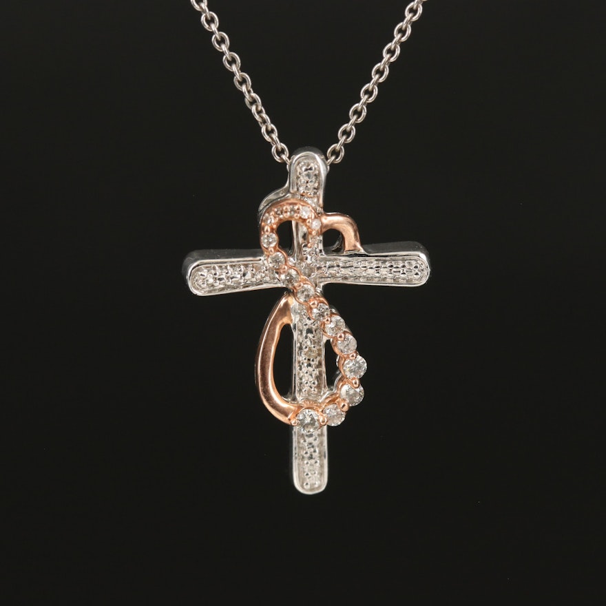Sterling Silver 10K Diamond Heart Cross Necklace