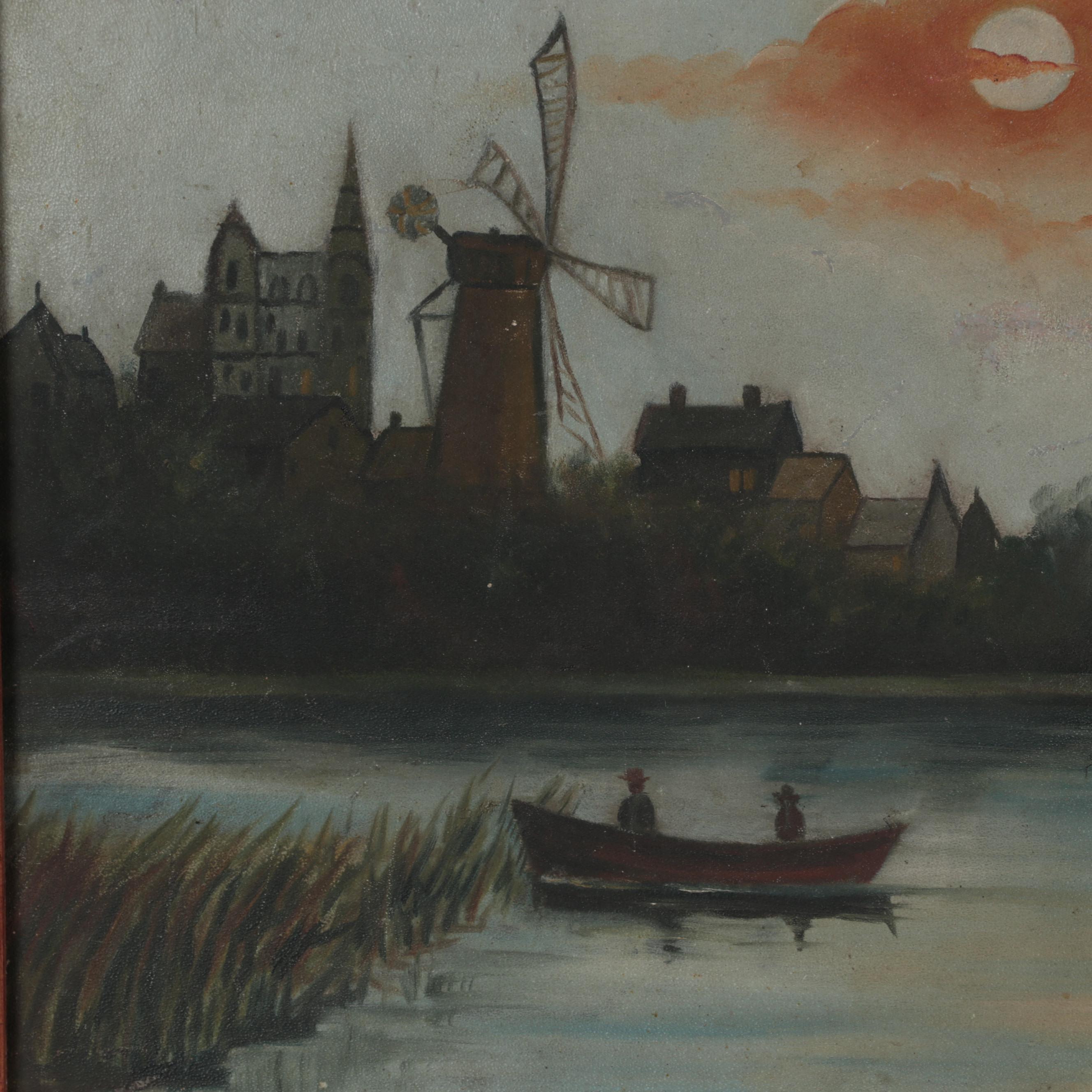 Moonlit Landscape Oil Painting, Early 20th Century