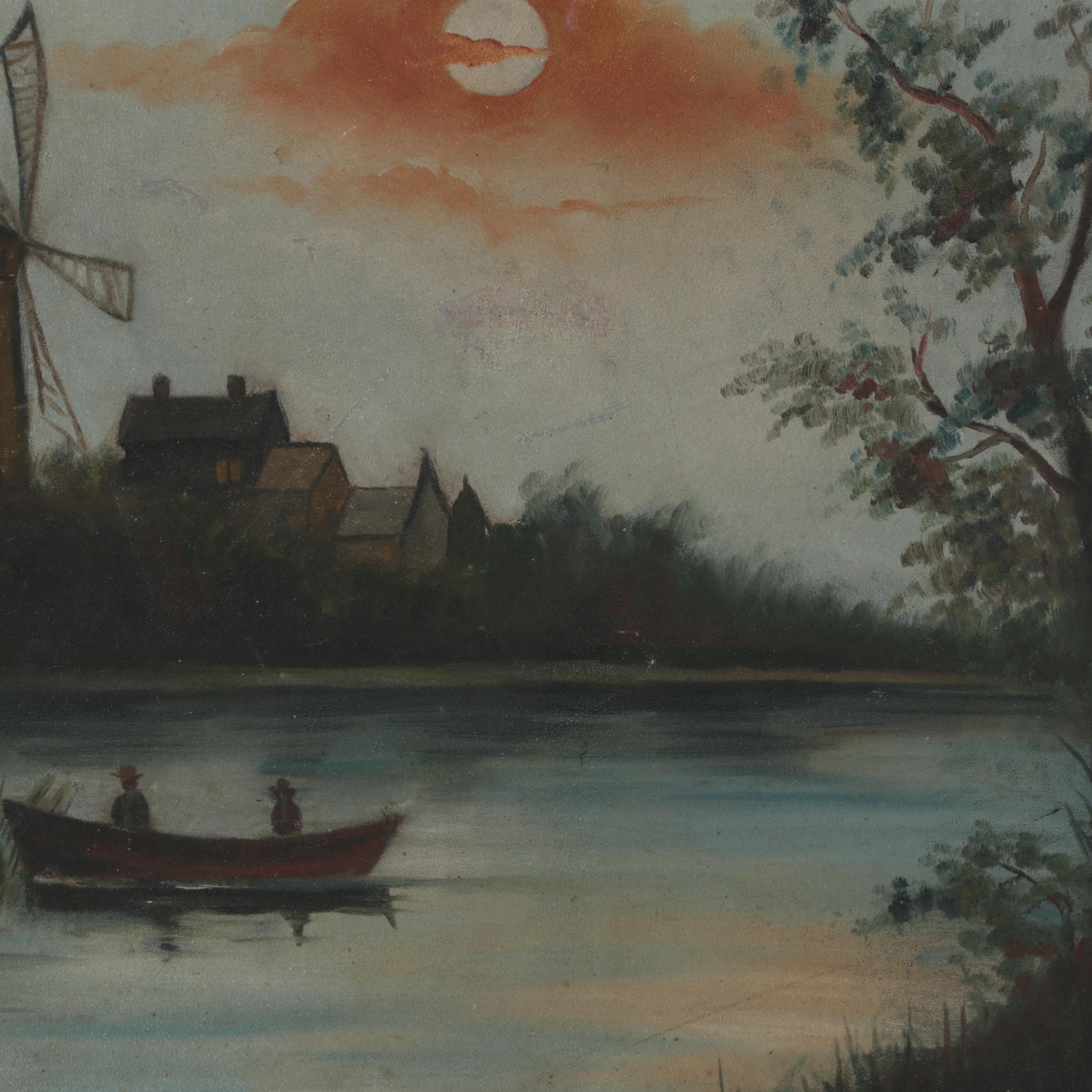 Moonlit Landscape Oil Painting, Early 20th Century