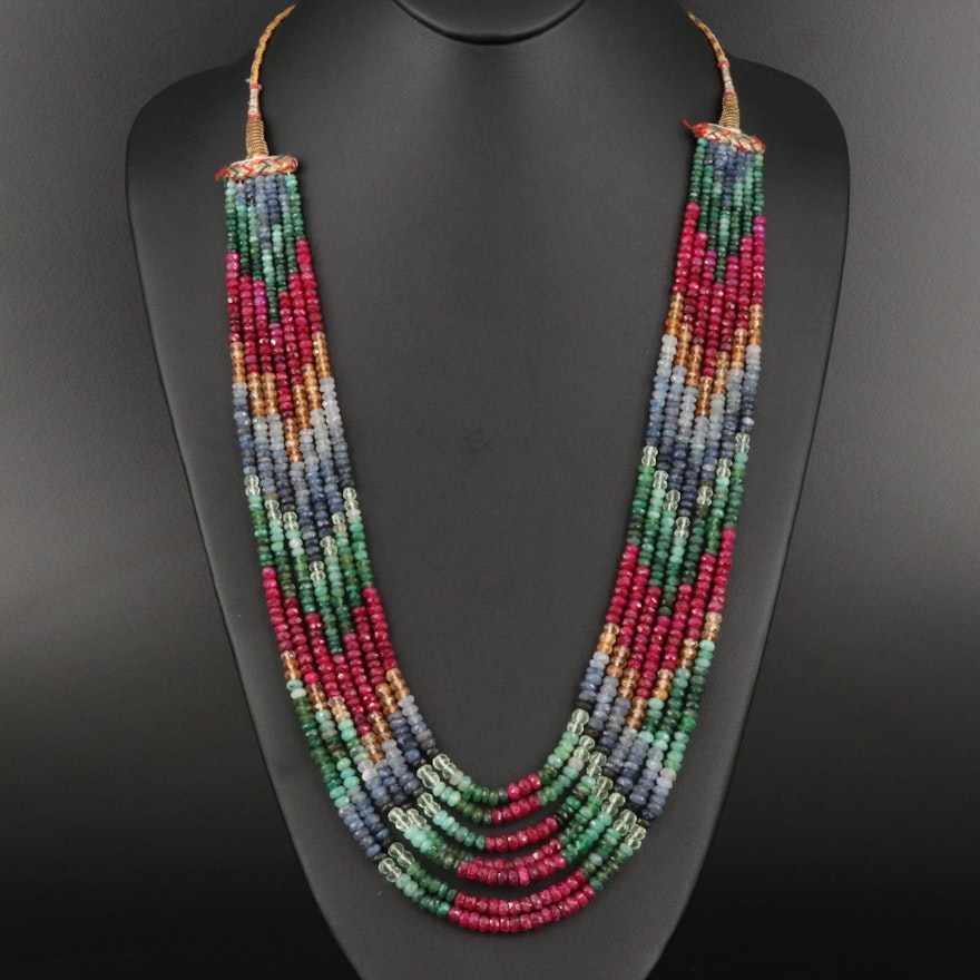 Multi-Strand Gemstone Beaded Necklace Including Ruby, Sapphire and Citrine