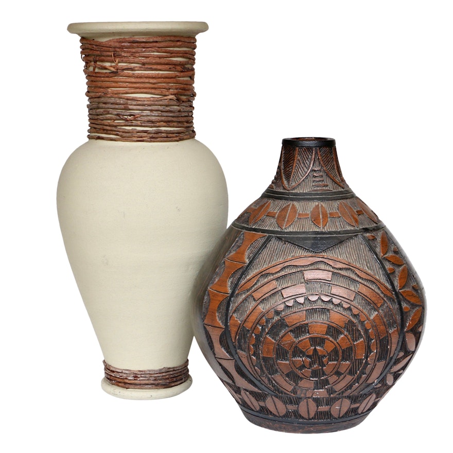 Mexican Style Earthenware Carved Bulbous Vase and Fiber-Wrapped Floor Vase