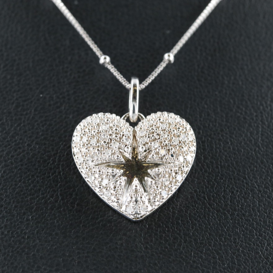 Eva LaRue Sterling Pavé Diamond Heart  and Starburst Necklace