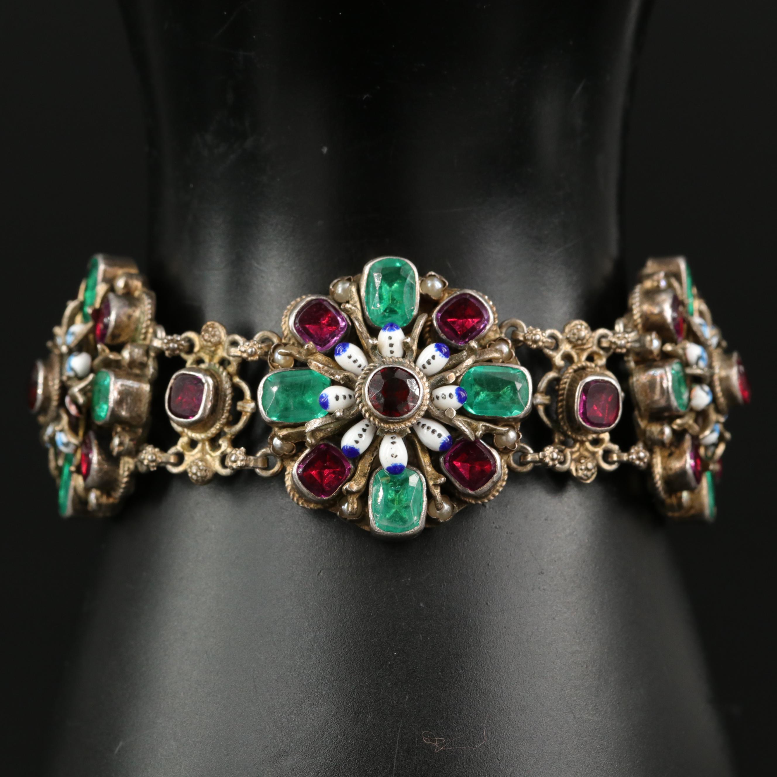 Vintage Hungarian 850 Silver Floral Link Bracelet with Glass and Faux Pearl