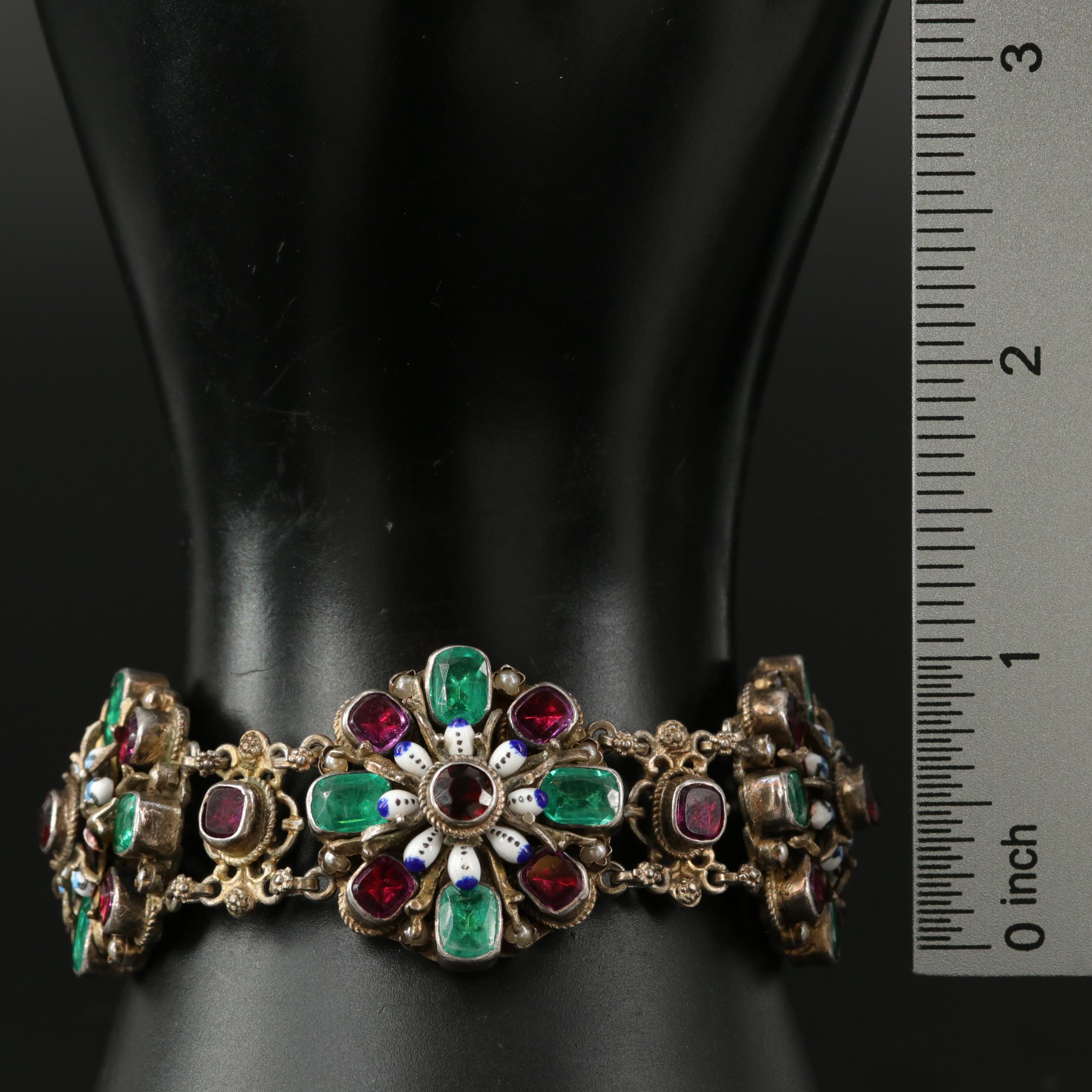 Vintage Hungarian 850 Silver Floral Link Bracelet with Glass and Faux Pearl