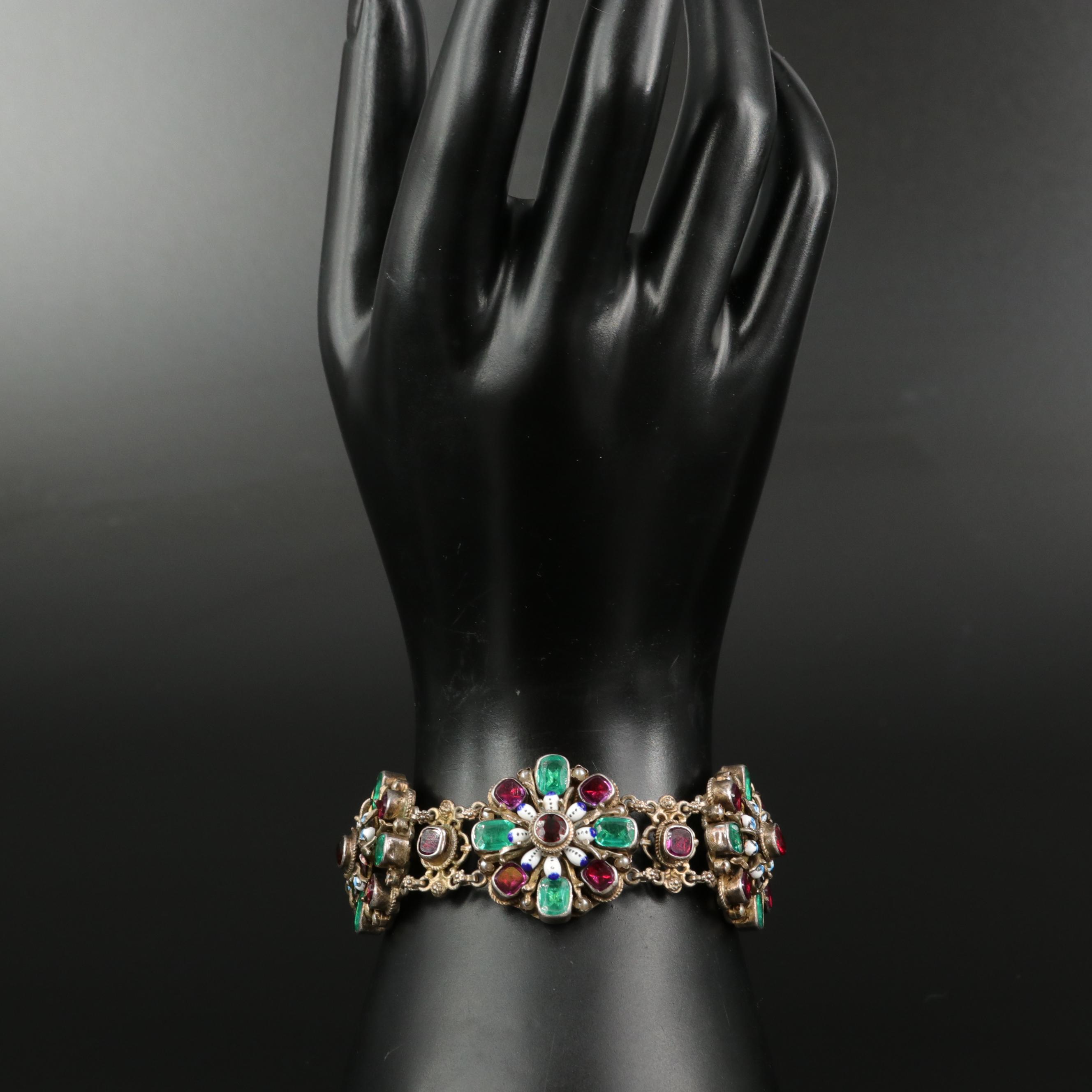 Vintage Hungarian 850 Silver Floral Link Bracelet with Glass and Faux Pearl