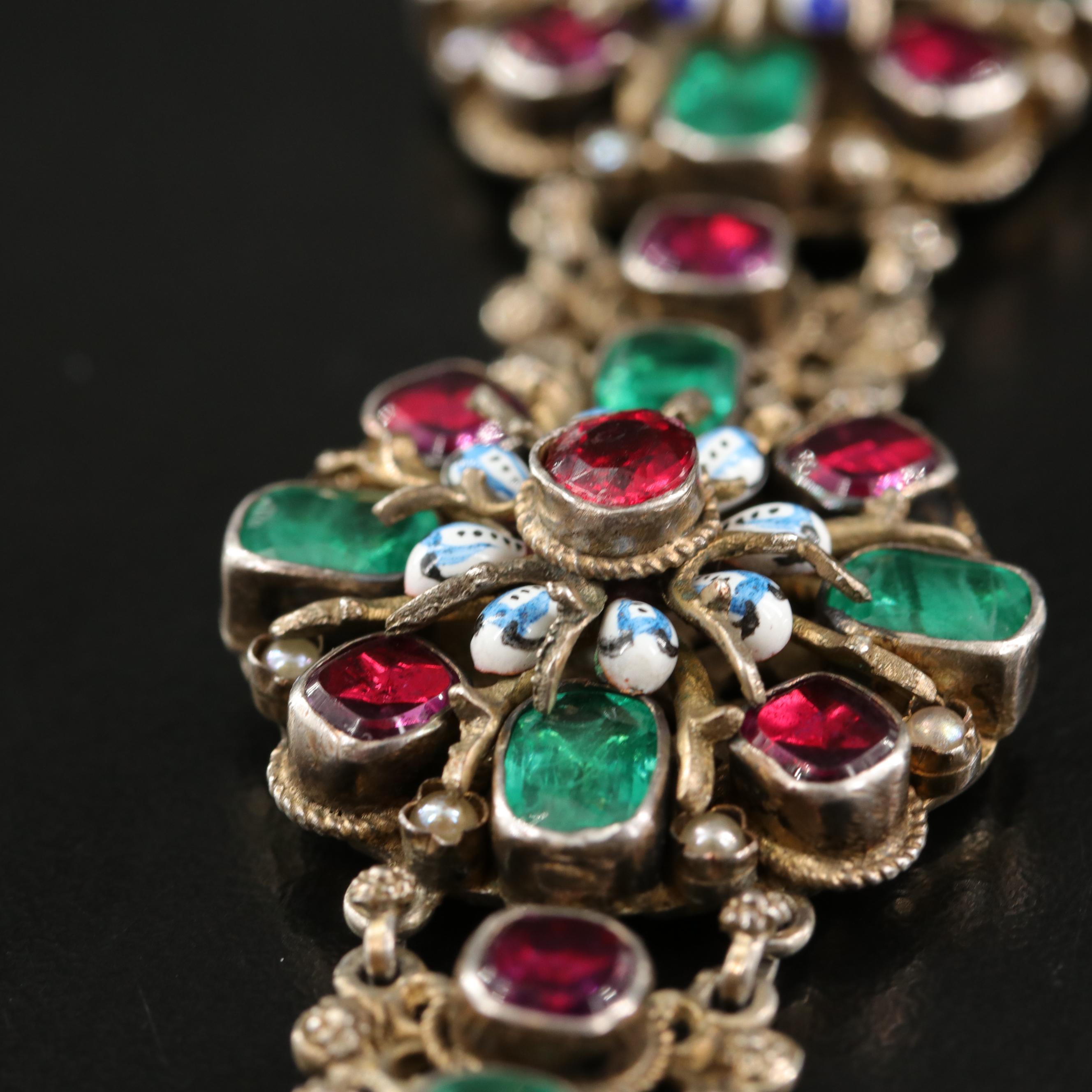 Vintage Hungarian 850 Silver Floral Link Bracelet with Glass and Faux Pearl