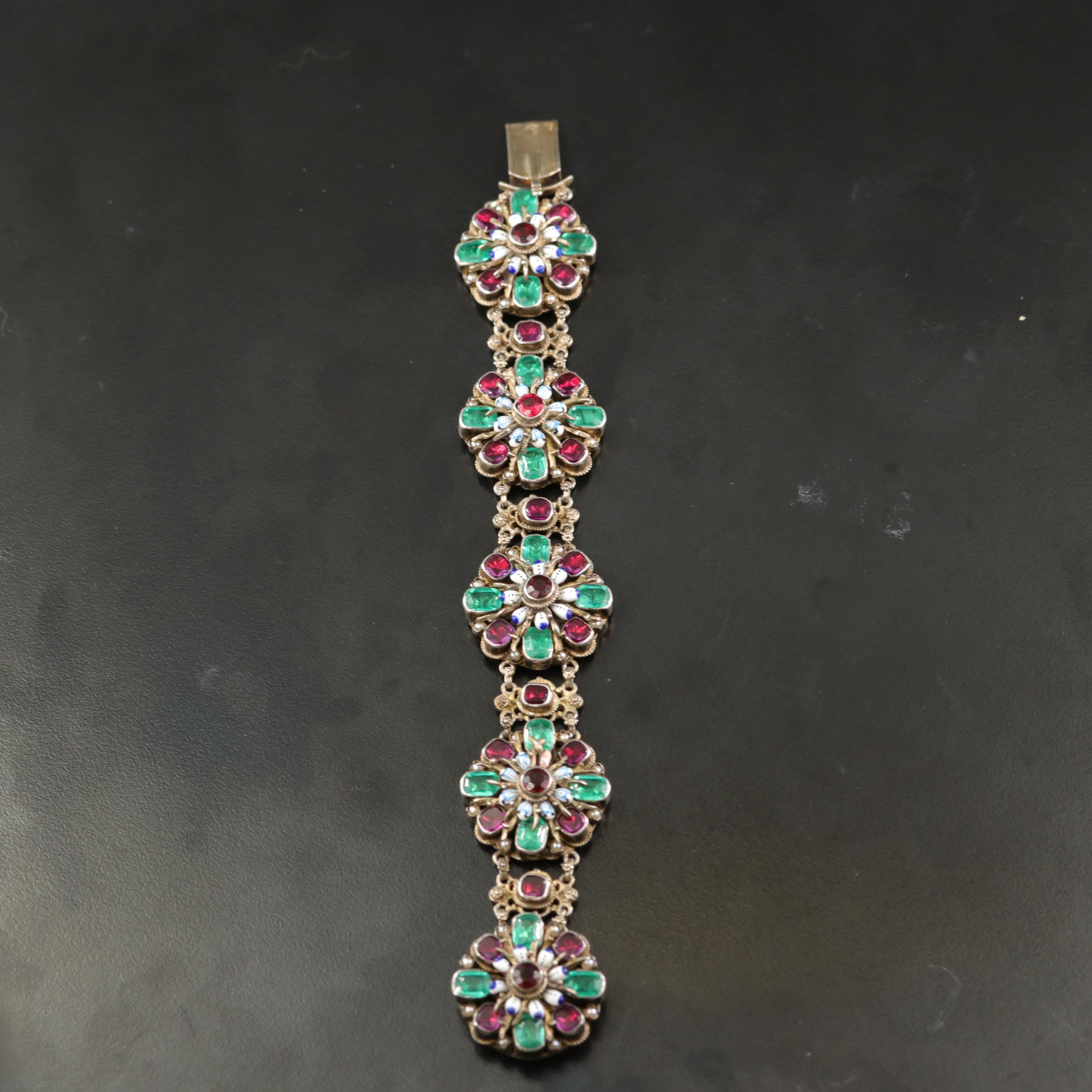 Vintage Hungarian 850 Silver Floral Link Bracelet with Glass and Faux Pearl