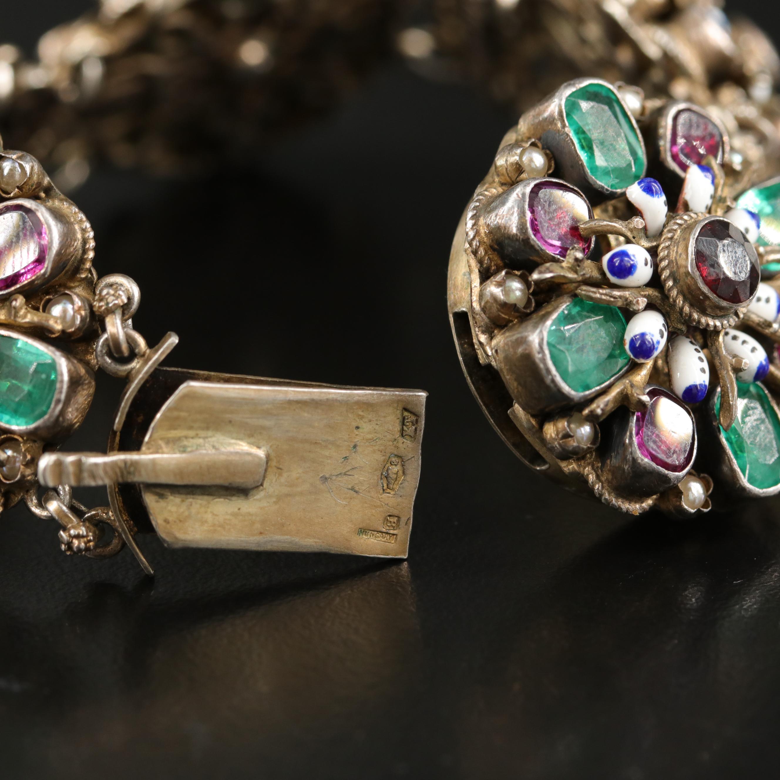 Vintage Hungarian 850 Silver Floral Link Bracelet with Glass and Faux Pearl