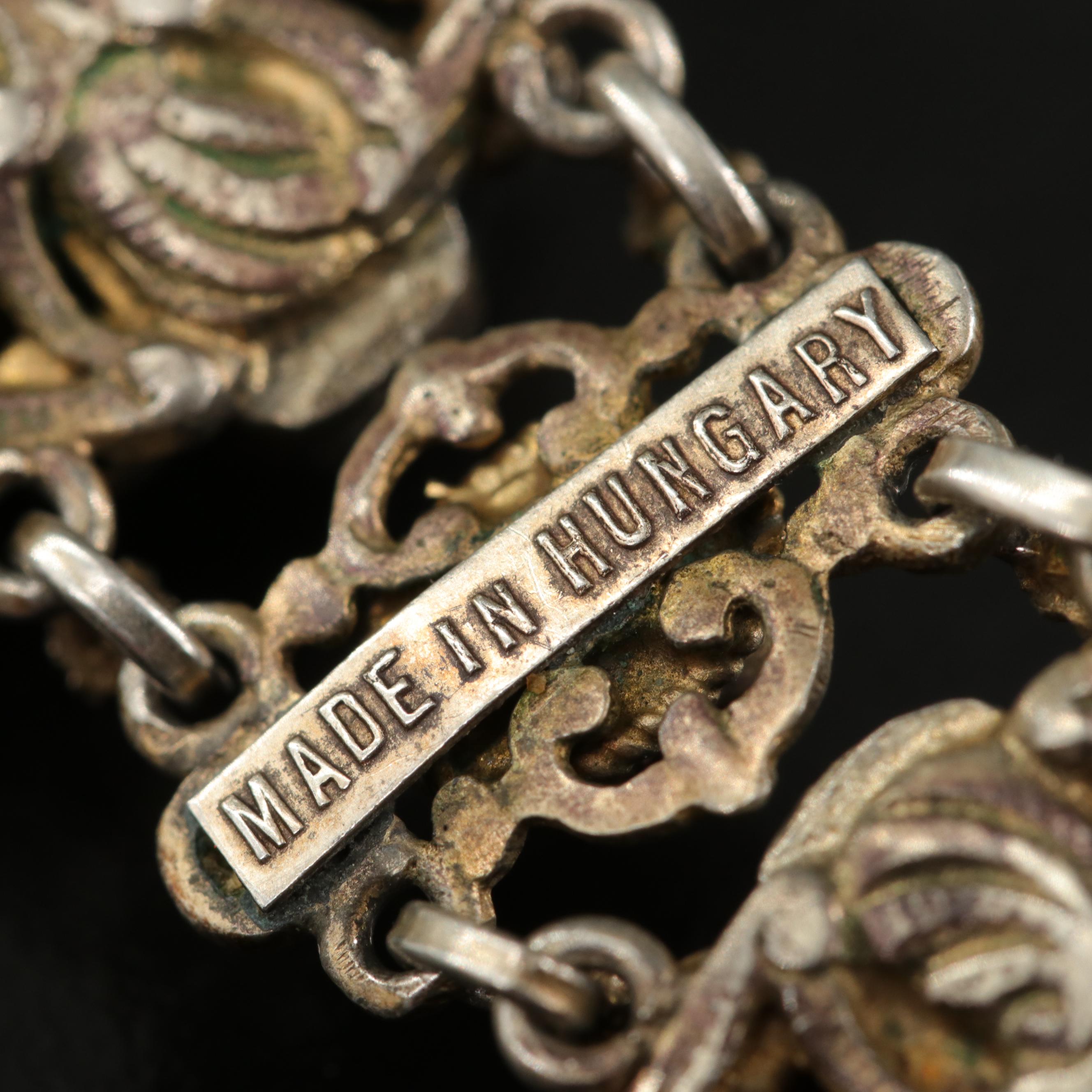 Vintage Hungarian 850 Silver Floral Link Bracelet with Glass and Faux Pearl