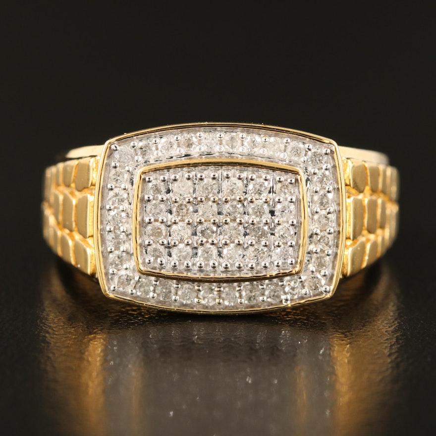 Sterling Diamond Cluster Ring with Scale Textured Shoulder